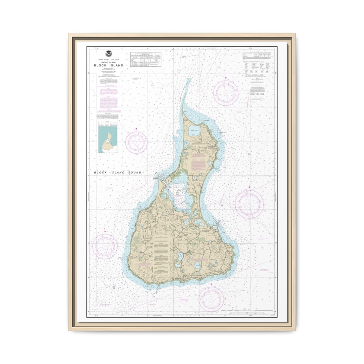 Chart 13217 Block Island - NOAA Nautical Chart Floating Frame Canvas | 24" x 32" | 30" x 40" - Natural front