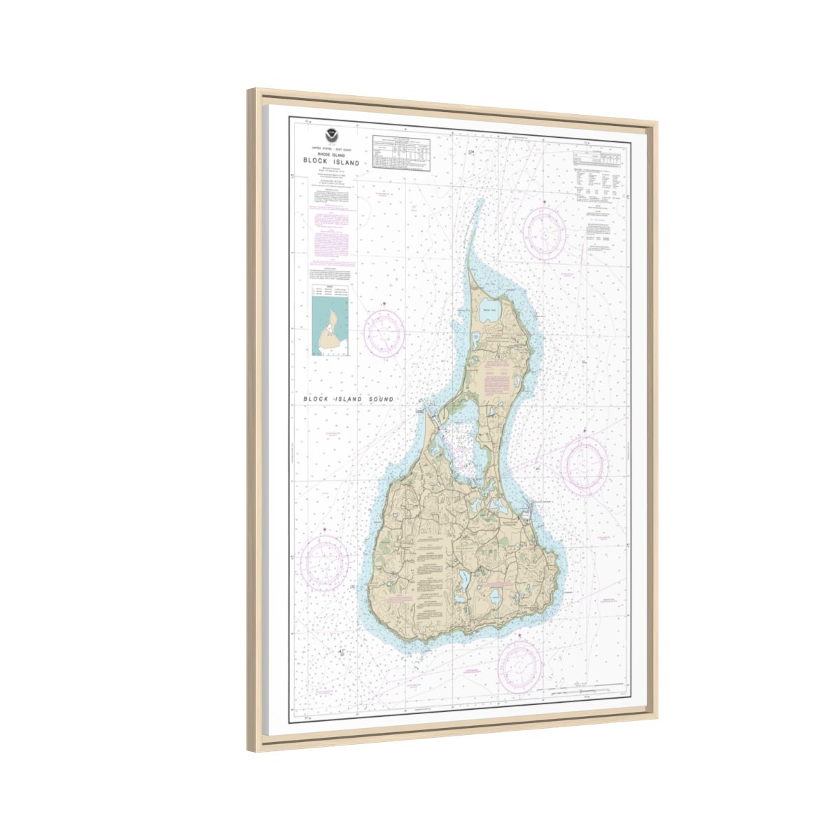 Chart 13217 Block Island - NOAA Nautical Chart Floating Frame Canvas | 24" x 32" | 30" x 40" - Natural side