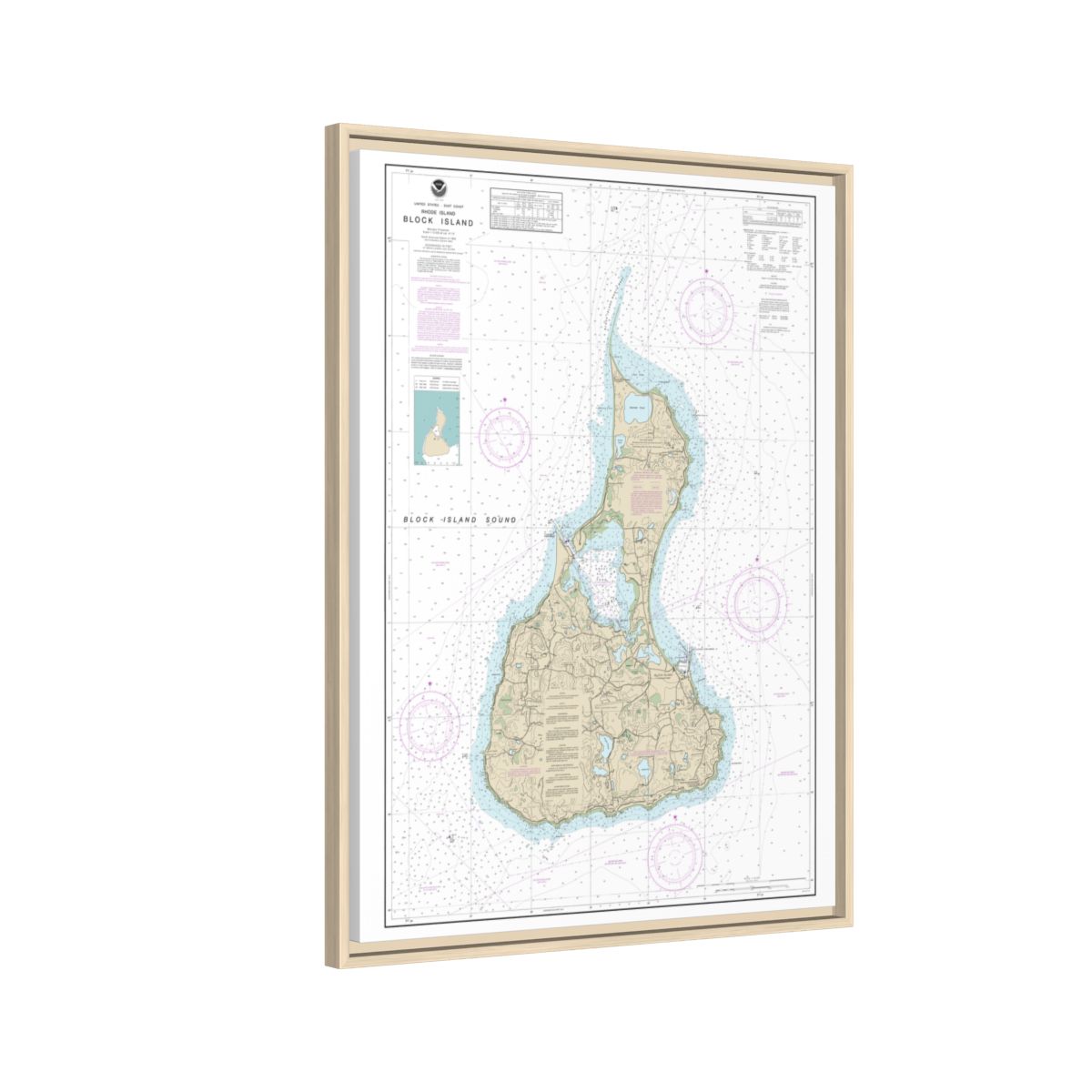 Chart 13217 Block Island - NOAA Nautical Chart Floating Frame Canvas | 24" x 32" | 30" x 40" - Natural side