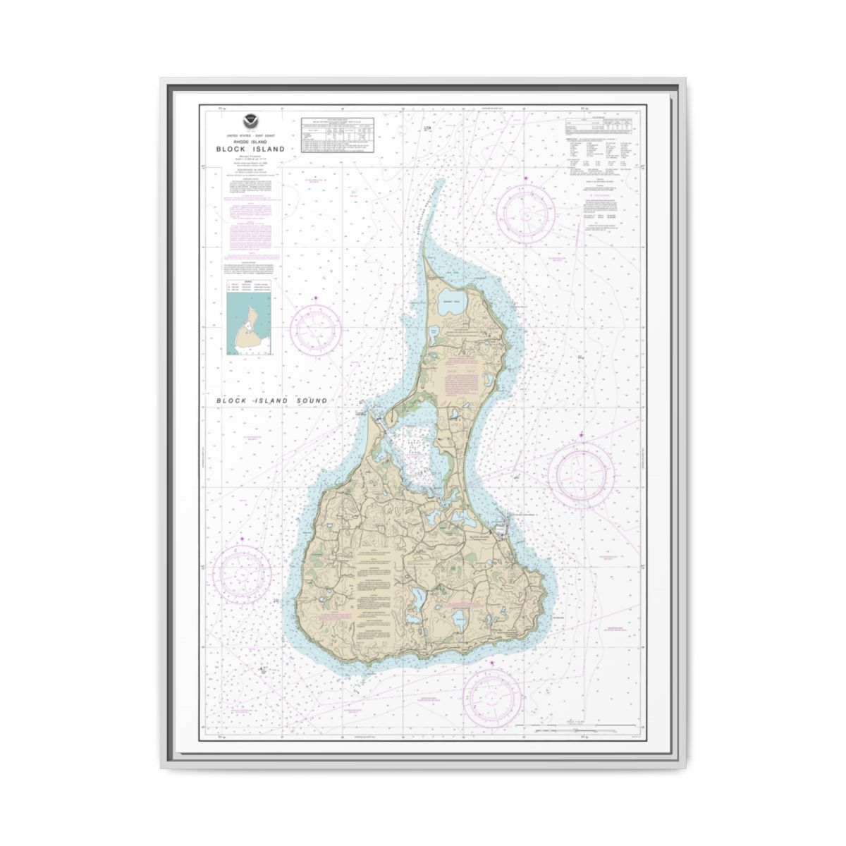 Chart 13217 Block Island - NOAA Nautical Chart Floating Frame Canvas | 24" x 32" | 30" x 40" - White front