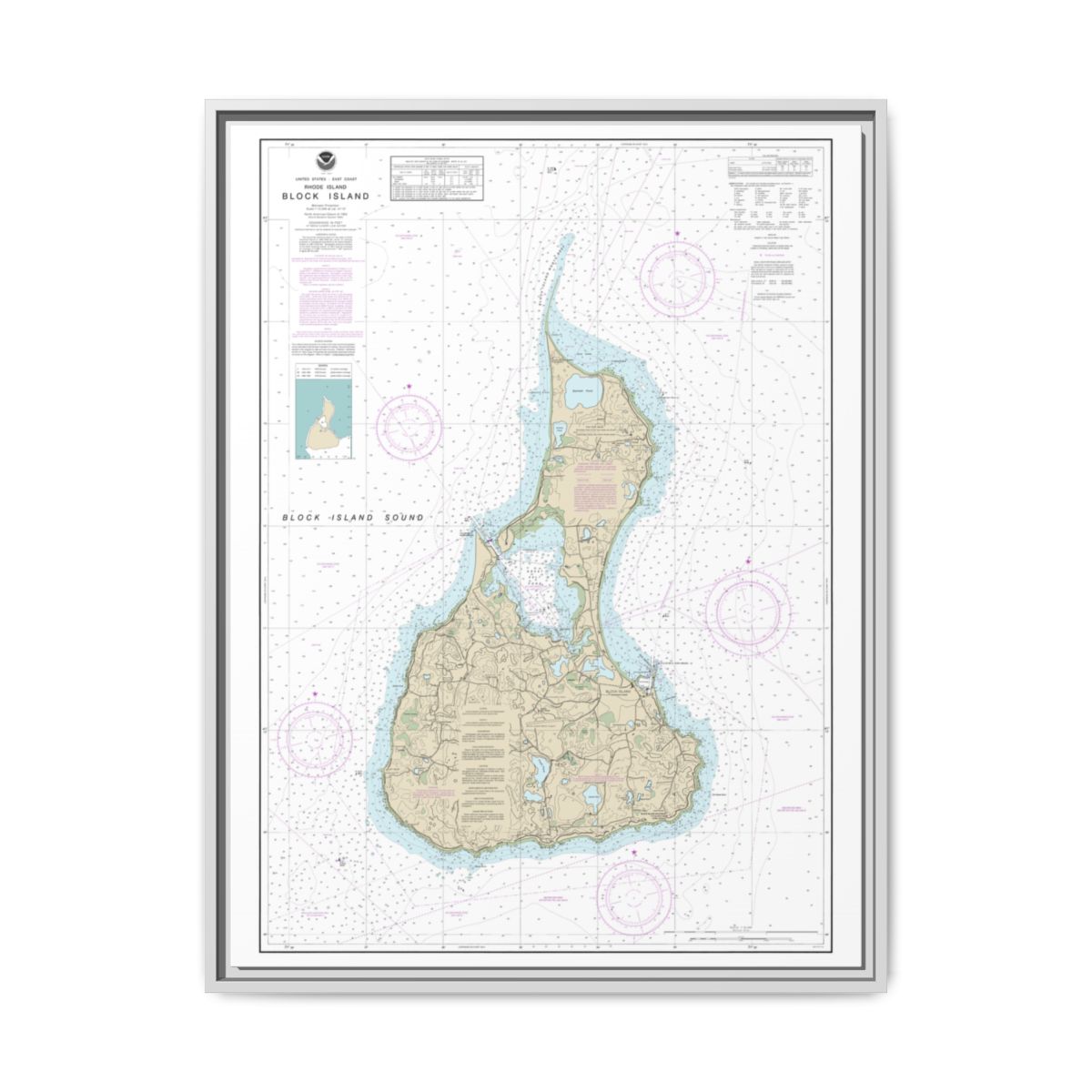 Chart 13217 Block Island - NOAA Nautical Chart Floating Frame Canvas | 24" x 32" | 30" x 40" - White front