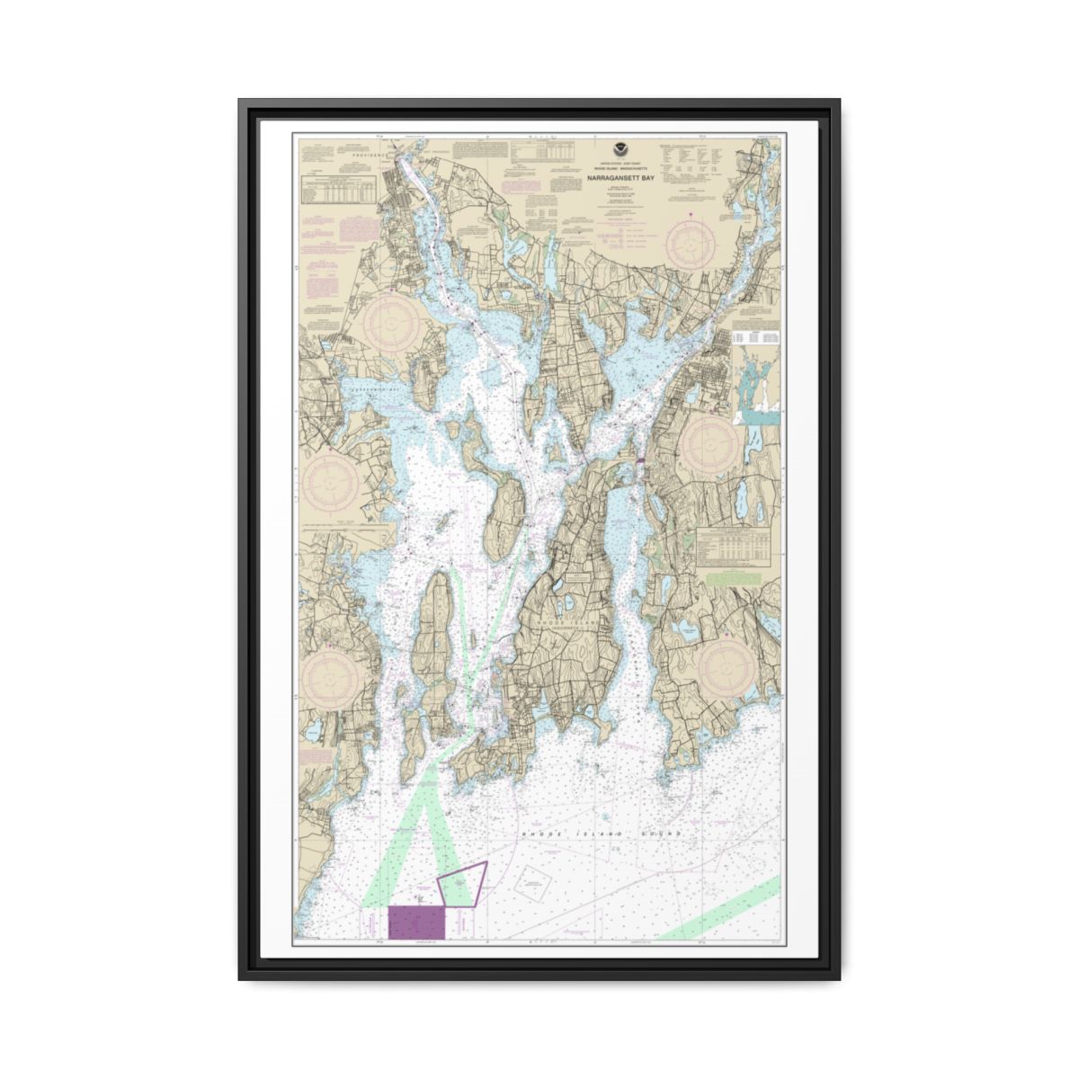 Chart 13221 Narragansett Bay - NOAA Nautical Chart Floating Frame Canvas | 20" x 30" | 24" x 36" | 32" x 48" - Black front