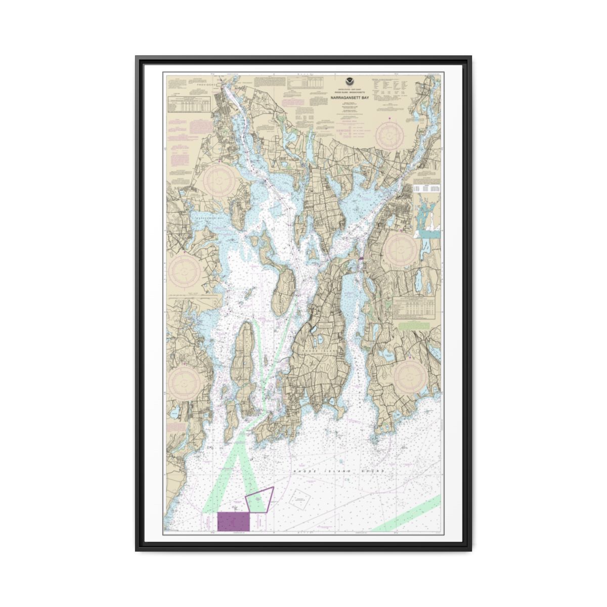 Chart 13221 Narragansett Bay - NOAA Nautical Chart Floating Frame Canvas | 20" x 30" | 24" x 36" | 32" x 48" - Black front