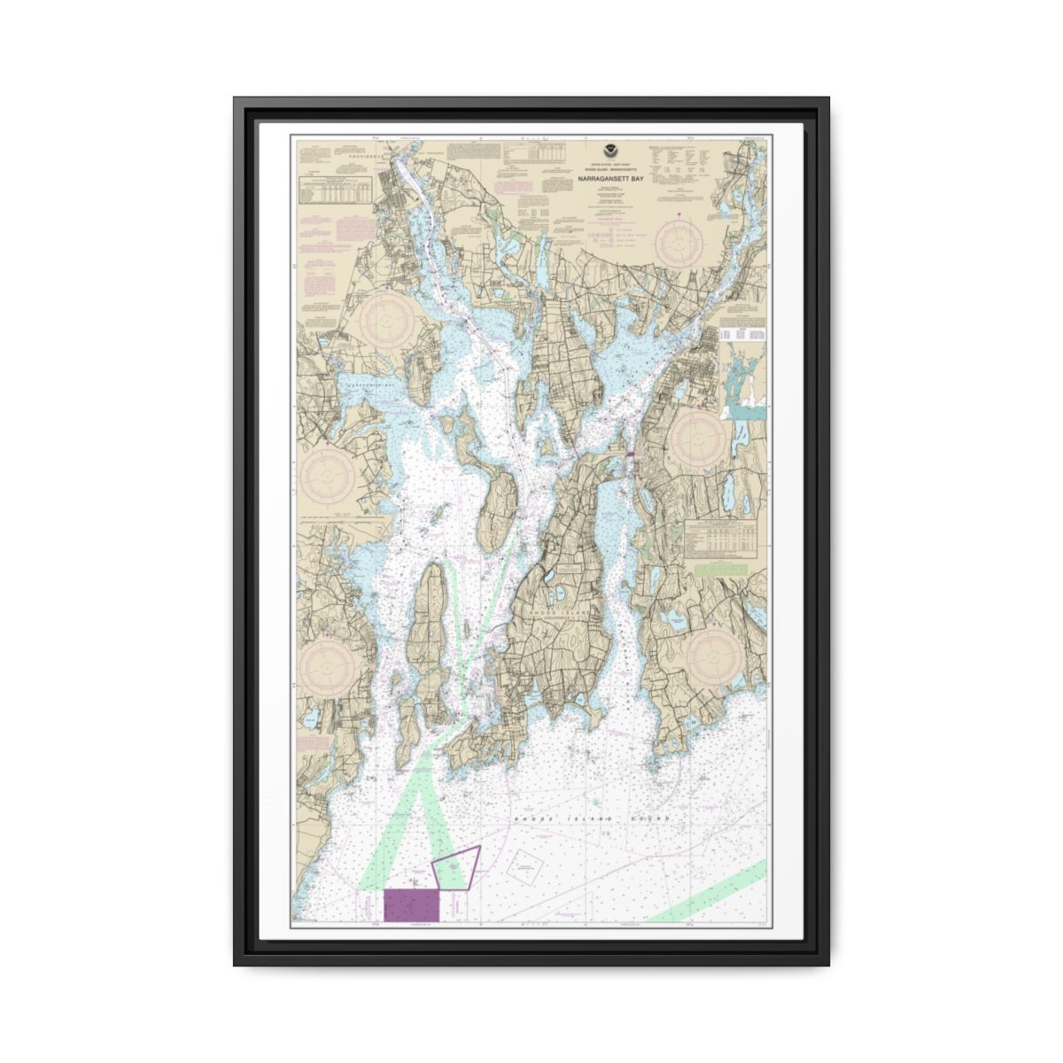 Chart 13221 Narragansett Bay - NOAA Nautical Chart Floating Frame Canvas | 20" x 30" | 24" x 36" | 32" x 48" - Black front