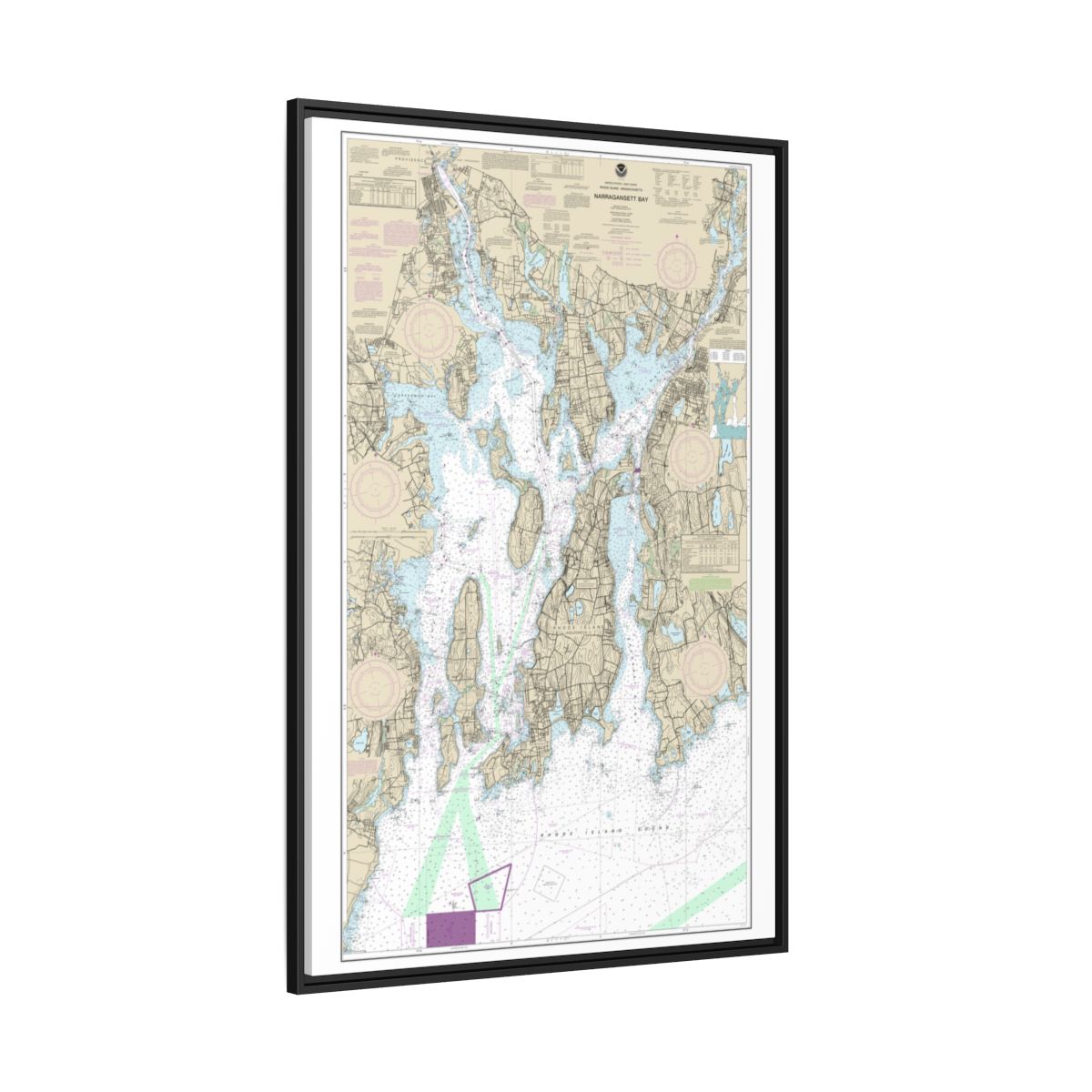 Chart 13221 Narragansett Bay - NOAA Nautical Chart Floating Frame Canvas | 20" x 30" | 24" x 36" | 32" x 48" - Black side