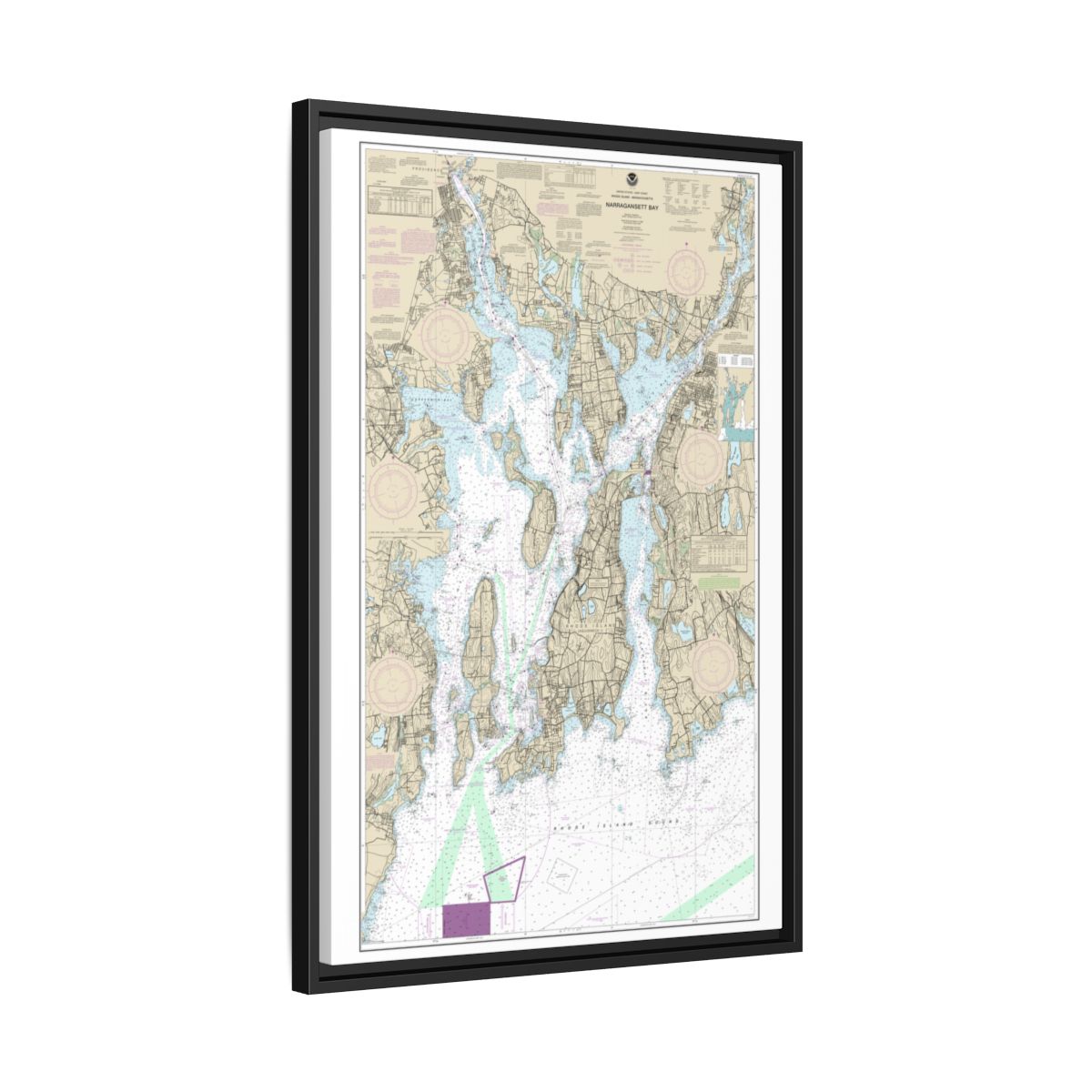 Chart 13221 Narragansett Bay - NOAA Nautical Chart Floating Frame Canvas | 20" x 30" | 24" x 36" | 32" x 48" - Black side