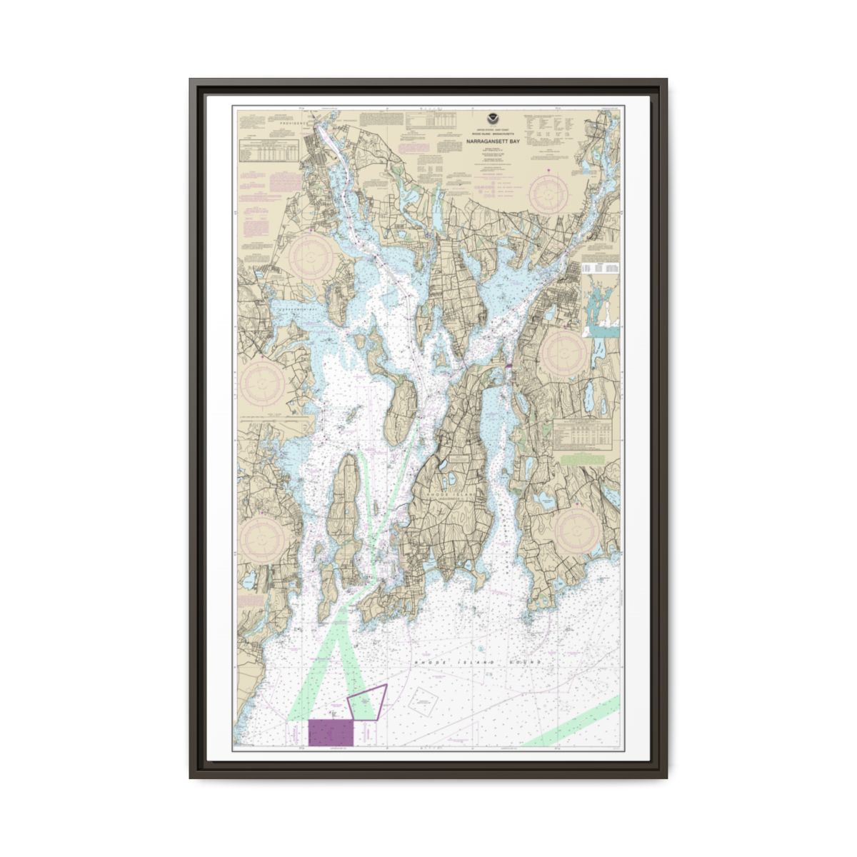 Chart 13221 Narragansett Bay - NOAA Nautical Chart Floating Frame Canvas | 20" x 30" | 24" x 36" | 32" x 48" - Espresso front
