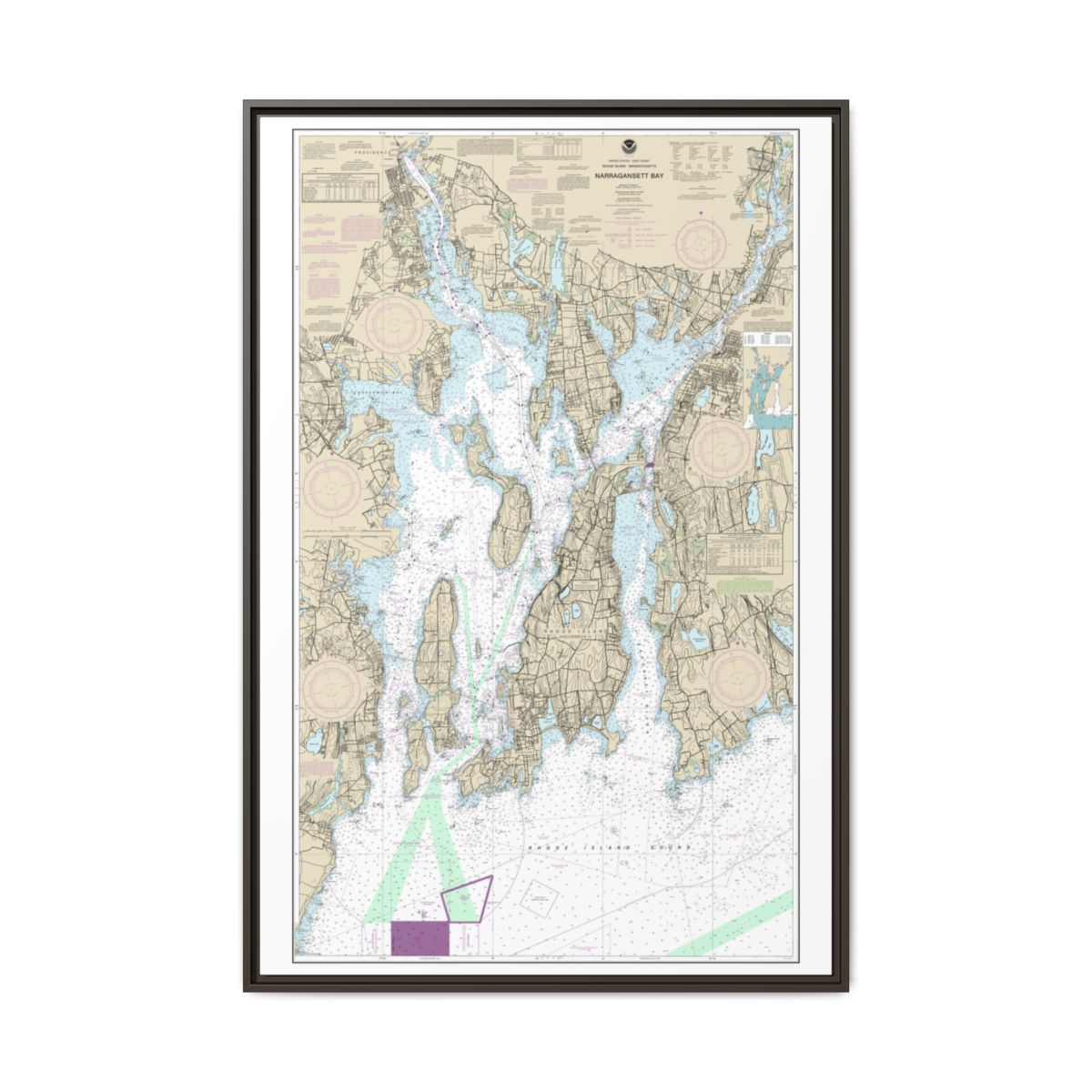 Chart 13221 Narragansett Bay - NOAA Nautical Chart Floating Frame Canvas | 20" x 30" | 24" x 36" | 32" x 48" - Espresso front