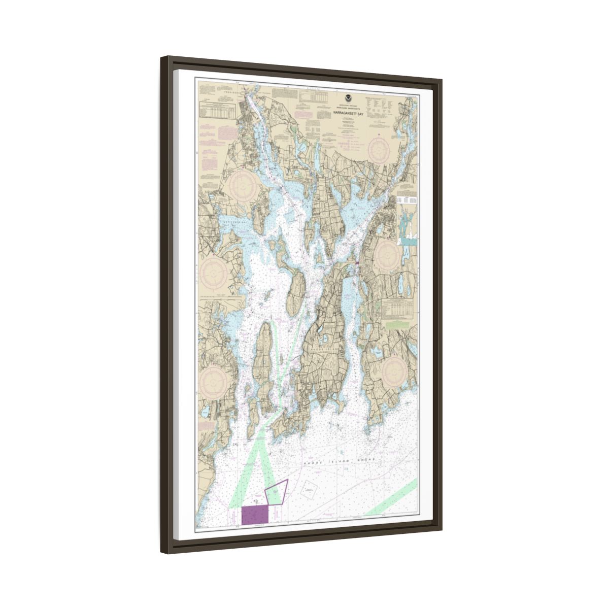 Chart 13221 Narragansett Bay - NOAA Nautical Chart Floating Frame Canvas | 20" x 30" | 24" x 36" | 32" x 48" - Espresso side