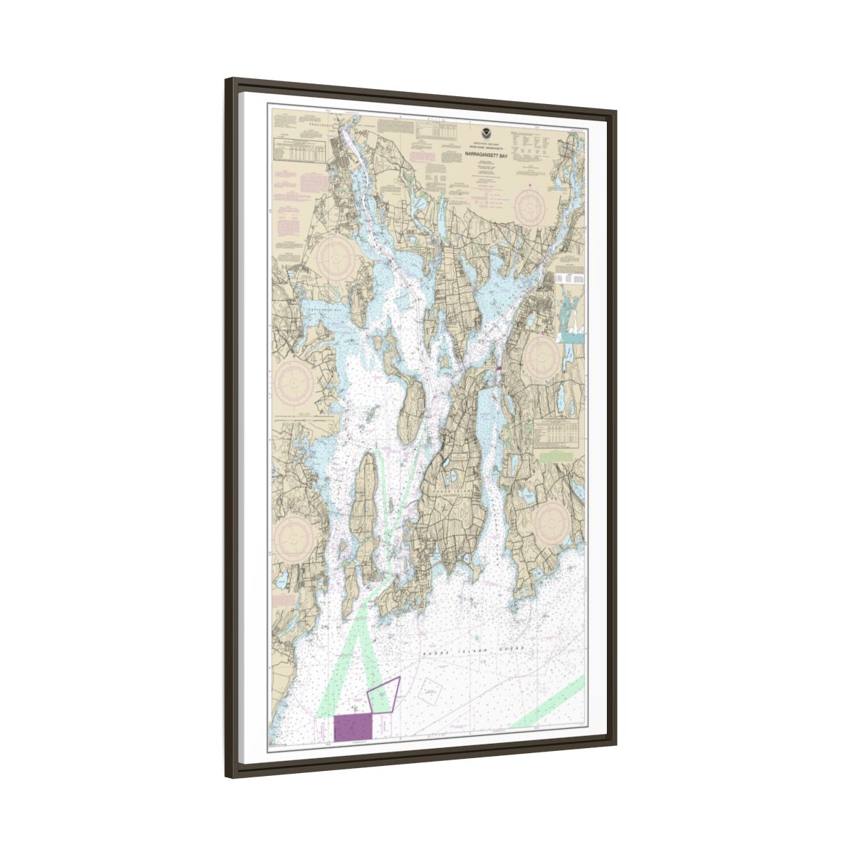 Chart 13221 Narragansett Bay - NOAA Nautical Chart Floating Frame Canvas | 20" x 30" | 24" x 36" | 32" x 48" - Espresso side