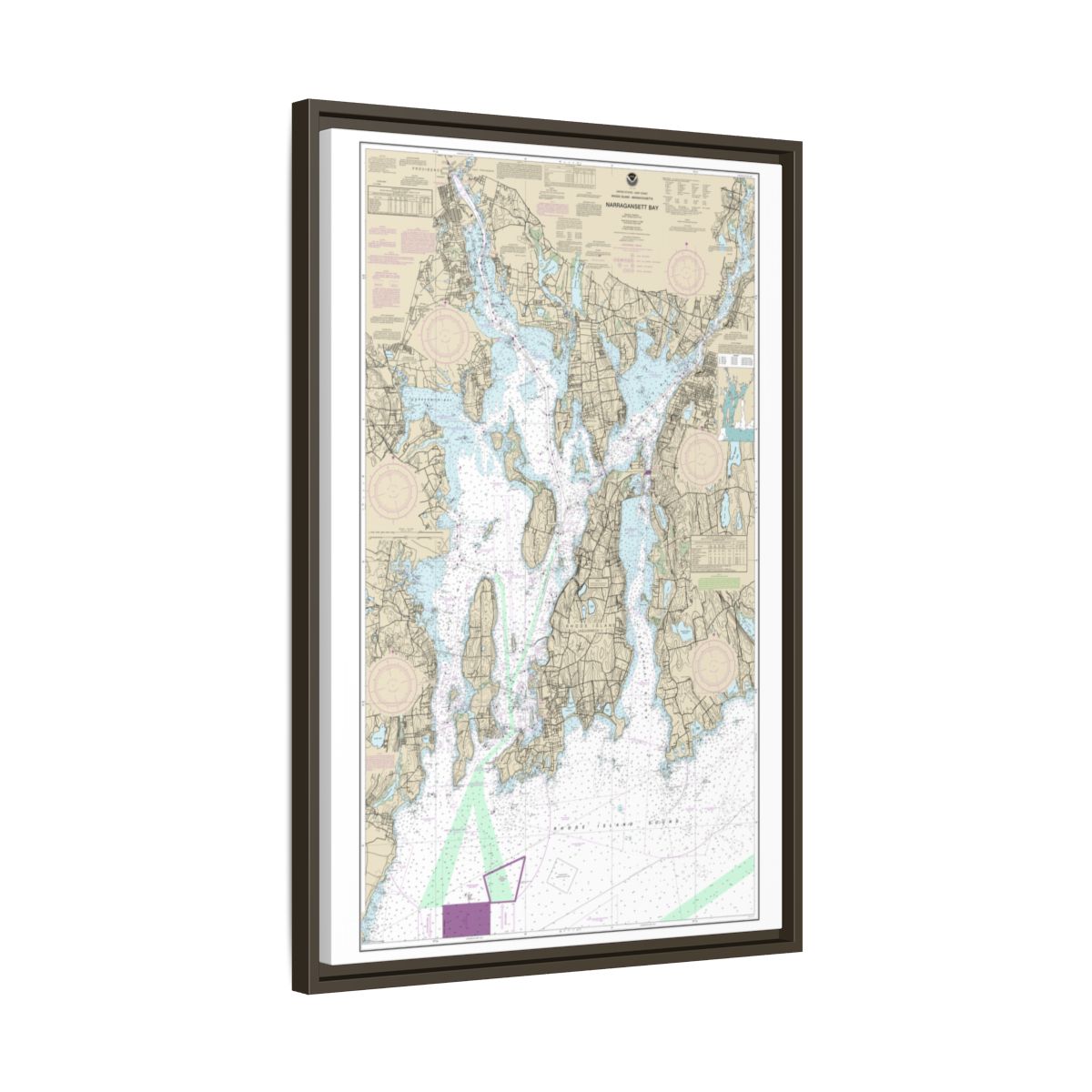 Chart 13221 Narragansett Bay - NOAA Nautical Chart Floating Frame Canvas | 20" x 30" | 24" x 36" | 32" x 48" - Espresso side