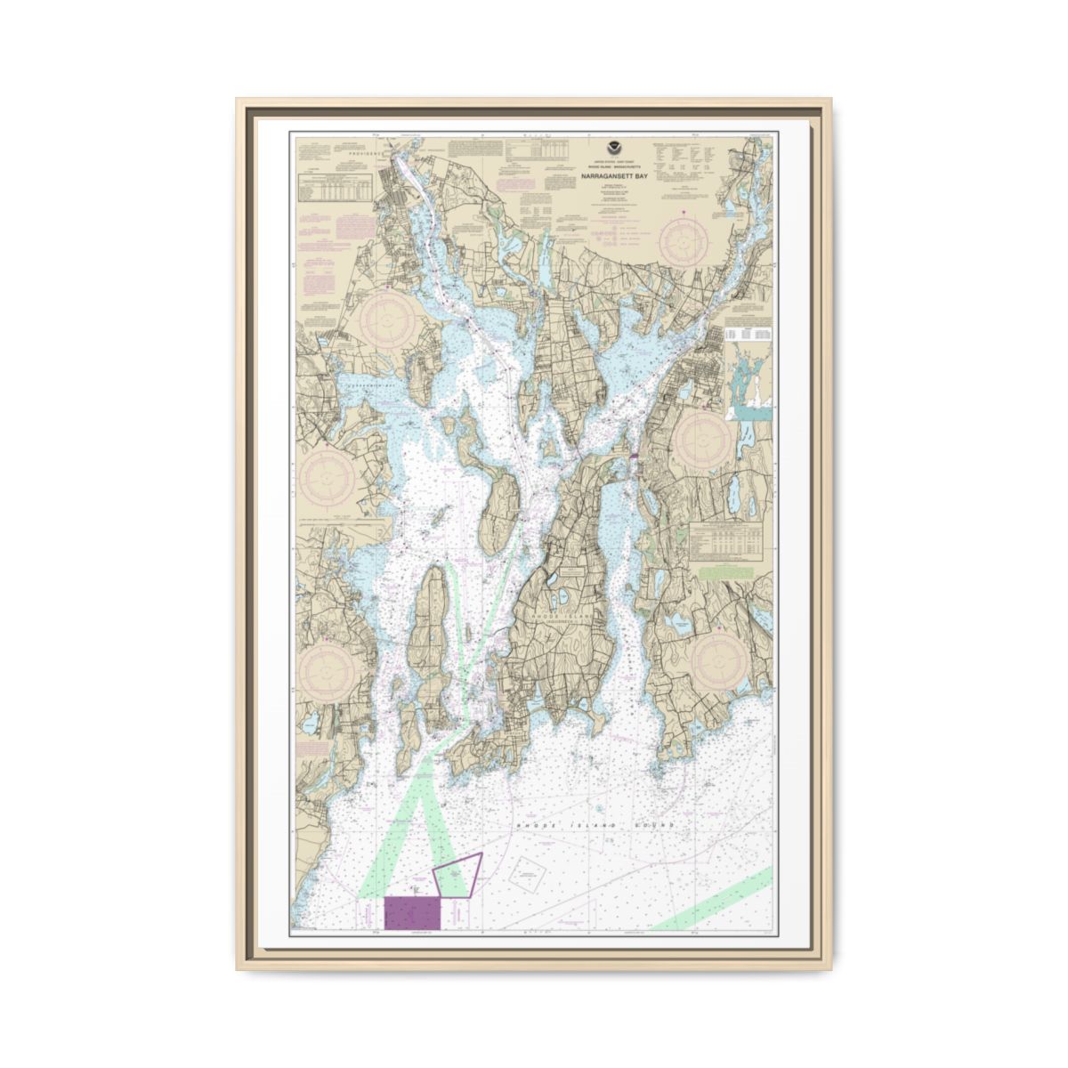 Chart 13221 Narragansett Bay - NOAA Nautical Chart Floating Frame Canvas | 20" x 30" | 24" x 36" | 32" x 48" - Natural front