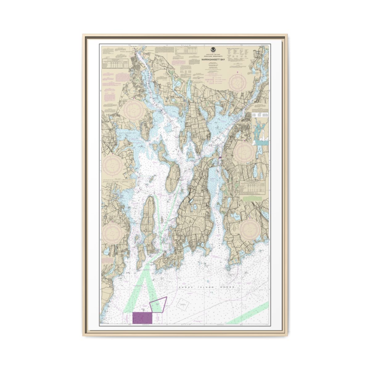 Chart 13221 Narragansett Bay - NOAA Nautical Chart Floating Frame Canvas | 20" x 30" | 24" x 36" | 32" x 48" - Natural front