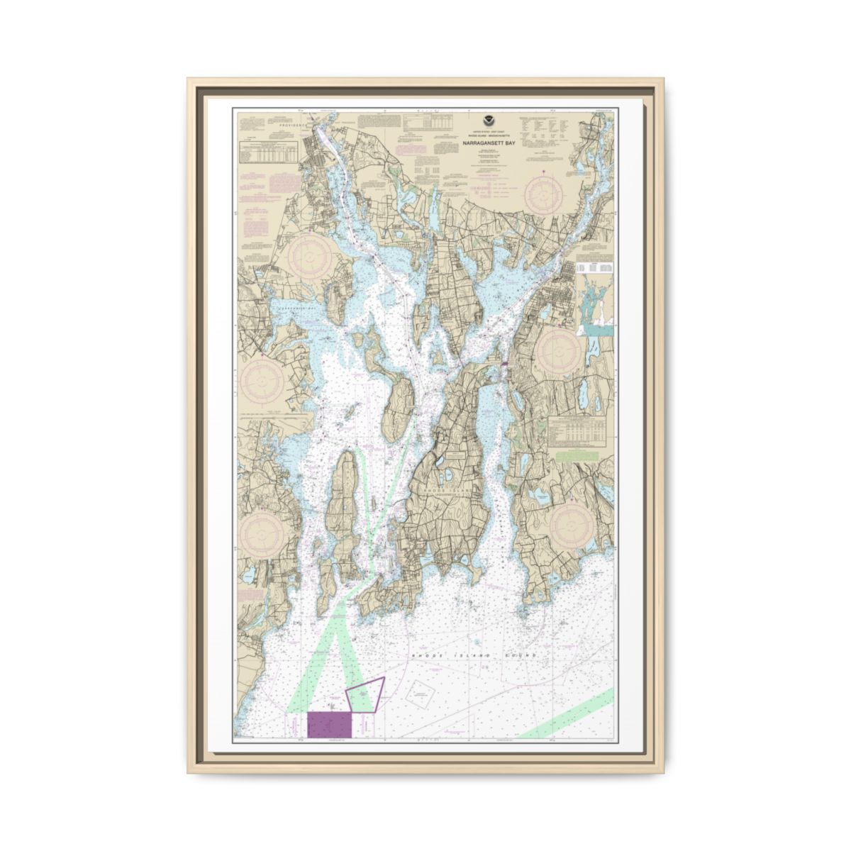 Chart 13221 Narragansett Bay - NOAA Nautical Chart Floating Frame Canvas | 20" x 30" | 24" x 36" | 32" x 48" - Natural front