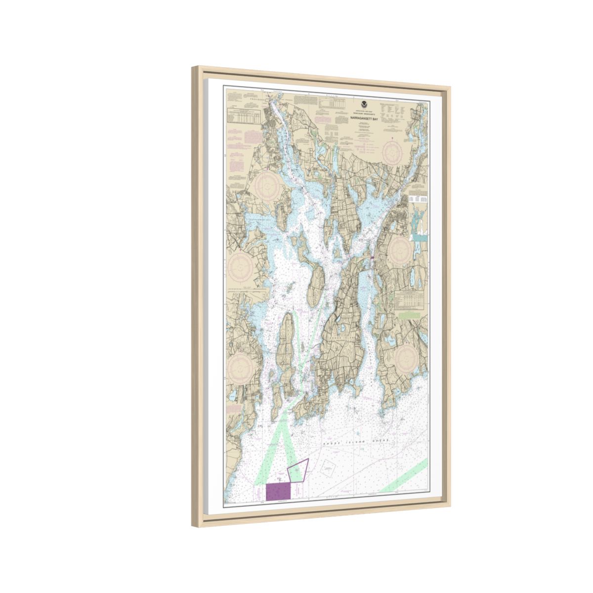 Chart 13221 Narragansett Bay - NOAA Nautical Chart Floating Frame Canvas | 20" x 30" | 24" x 36" | 32" x 48" - Natural side
