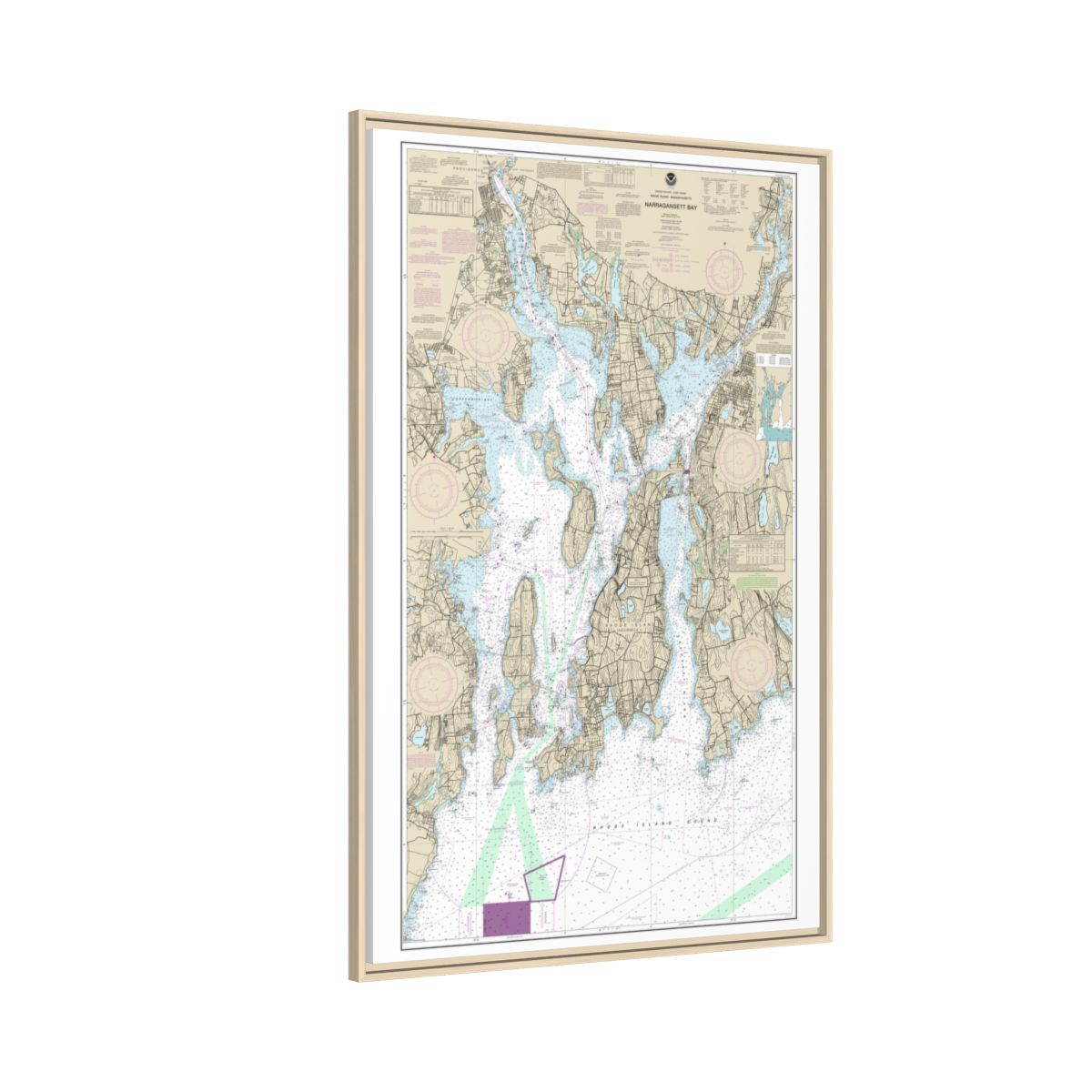 Chart 13221 Narragansett Bay - NOAA Nautical Chart Floating Frame Canvas | 20" x 30" | 24" x 36" | 32" x 48" - Natural side