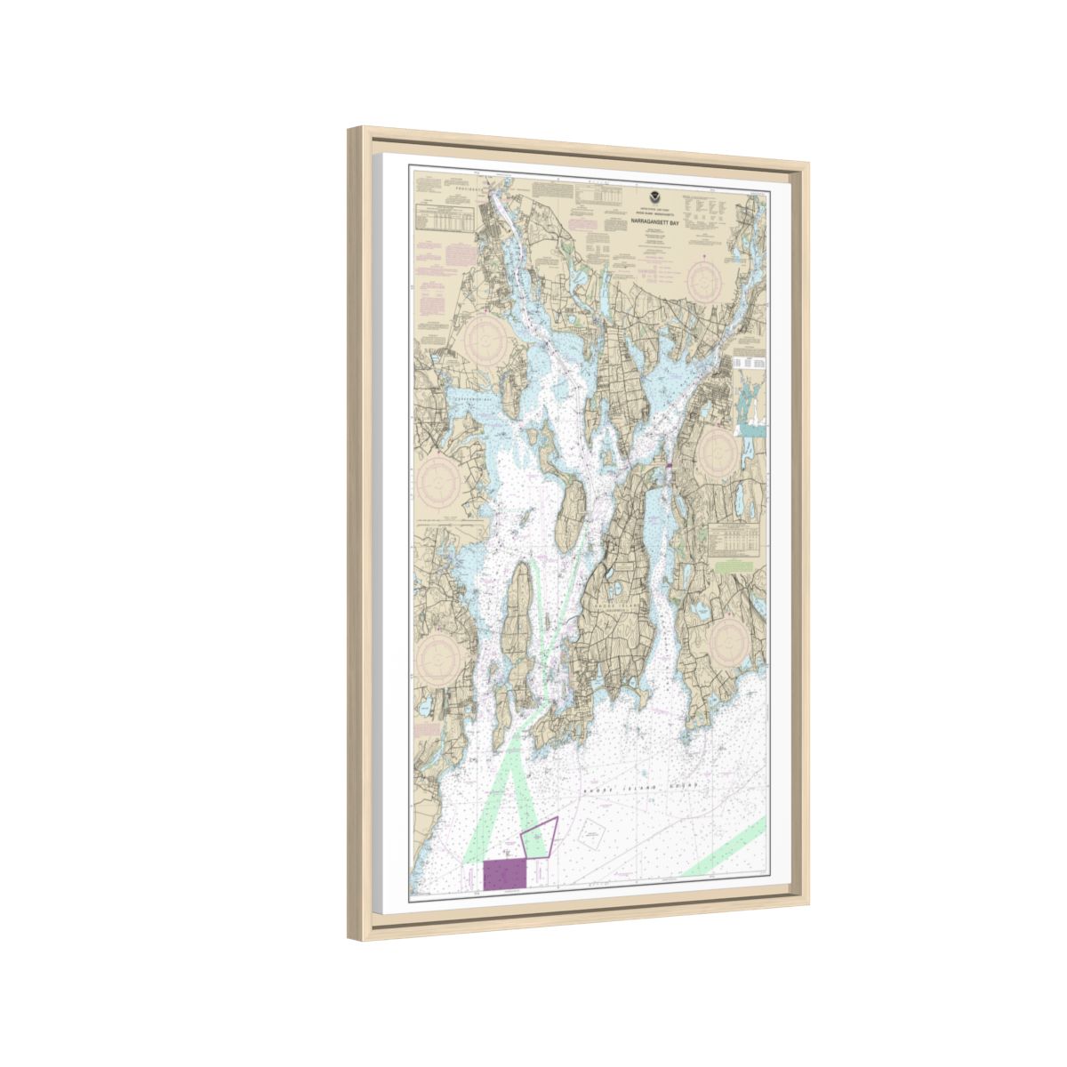 Chart 13221 Narragansett Bay - NOAA Nautical Chart Floating Frame Canvas | 20" x 30" | 24" x 36" | 32" x 48" - Natural side