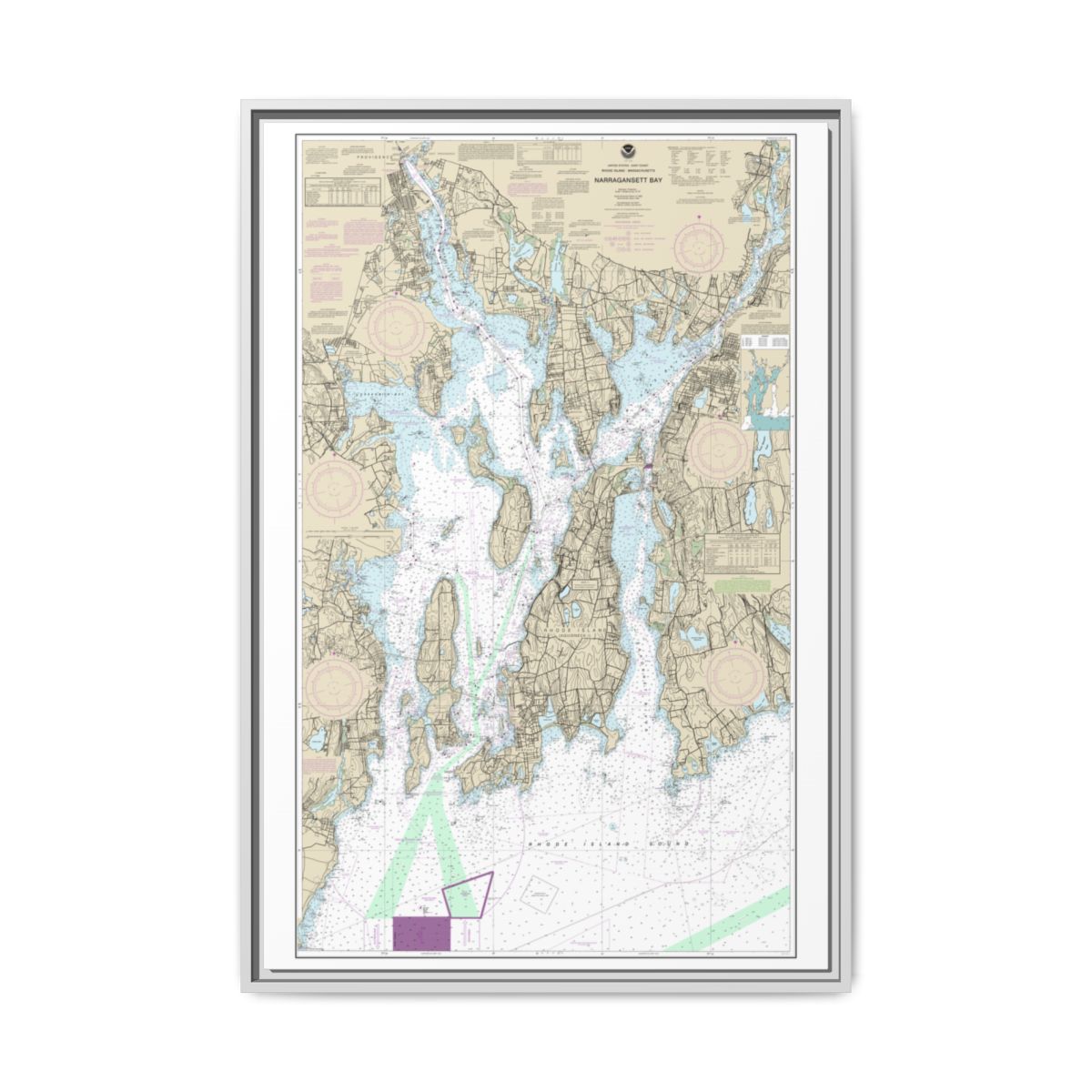 Chart 13221 Narragansett Bay - NOAA Nautical Chart Floating Frame Canvas | 20" x 30" | 24" x 36" | 32" x 48" - White front