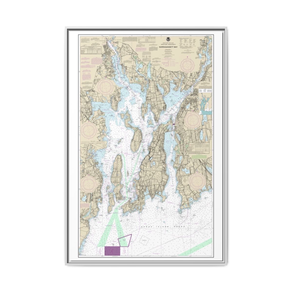 Chart 13221 Narragansett Bay - NOAA Nautical Chart Floating Frame Canvas | 20" x 30" | 24" x 36" | 32" x 48" - White front