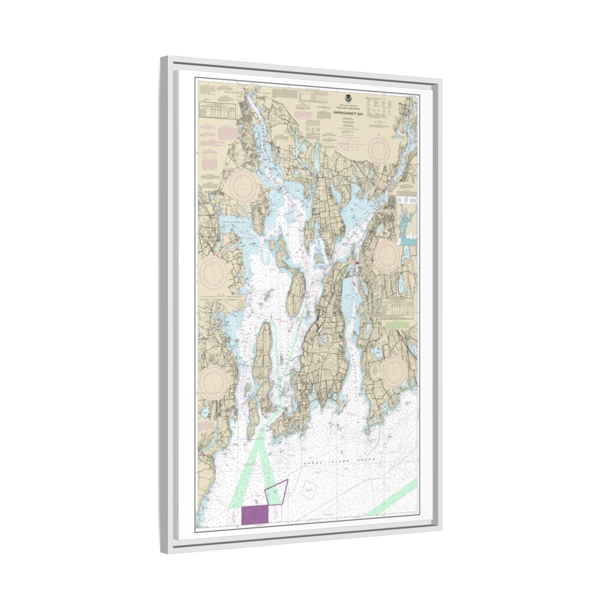 Chart 13221 Narragansett Bay - NOAA Nautical Chart Floating Frame Canvas | 20" x 30" | 24" x 36" | 32" x 48" - White side