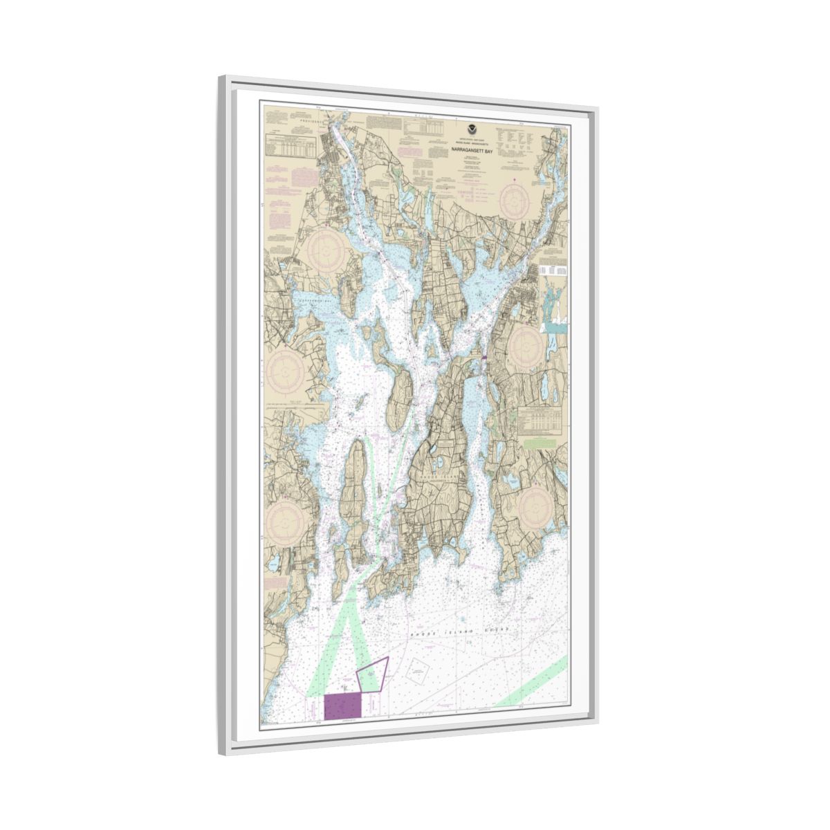 Chart 13221 Narragansett Bay - NOAA Nautical Chart Floating Frame Canvas | 20" x 30" | 24" x 36" | 32" x 48" - White side