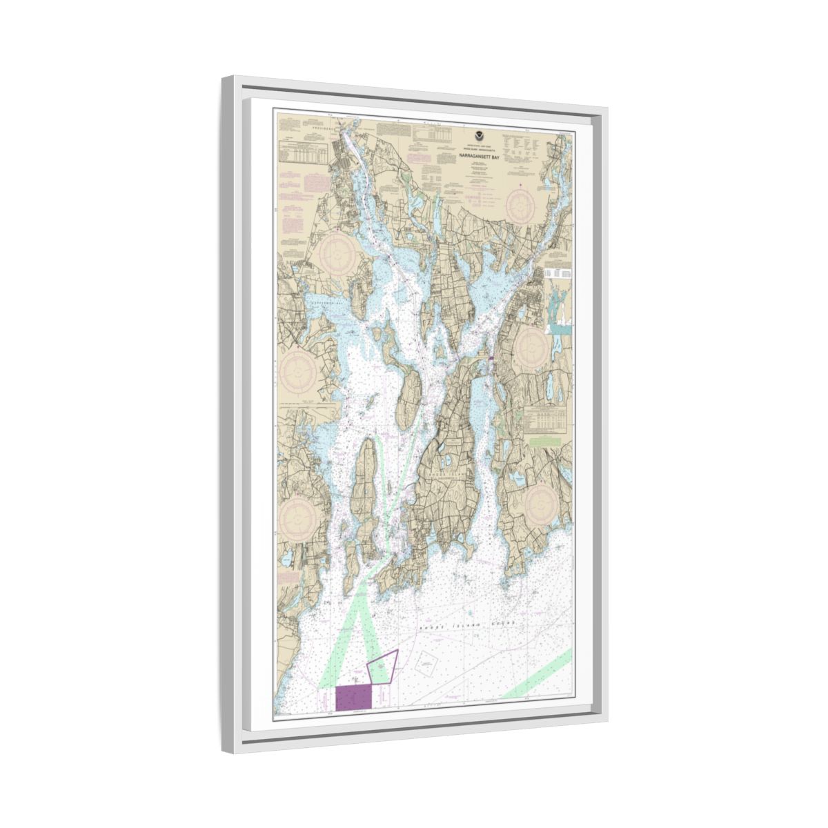 Chart 13221 Narragansett Bay - NOAA Nautical Chart Floating Frame Canvas | 20" x 30" | 24" x 36" | 32" x 48" - White side