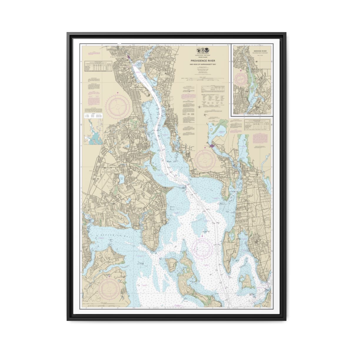 Chart 13224 Providence River and Head of Narragansett Bay - NOAA Nautical Chart Floating Frame Canvas | 24" x 32" | 30" x 40" - Black front