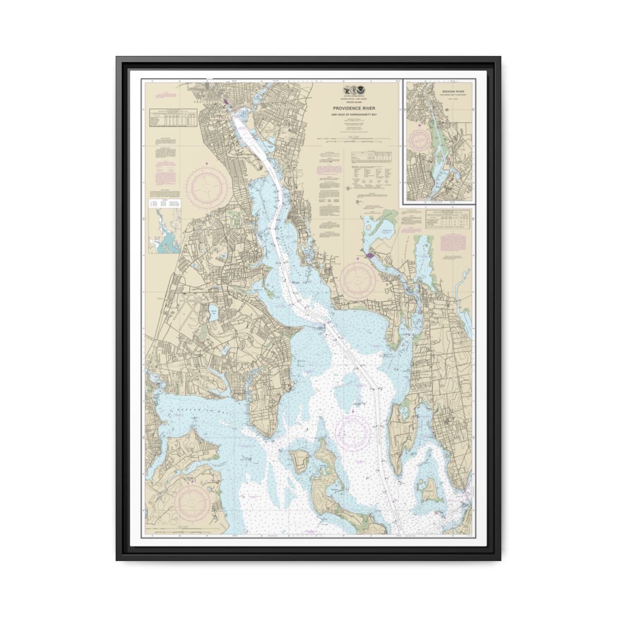 Chart 13224 Providence River and Head of Narragansett Bay - NOAA Nautical Chart Floating Frame Canvas | 24" x 32" | 30" x 40" - Black front