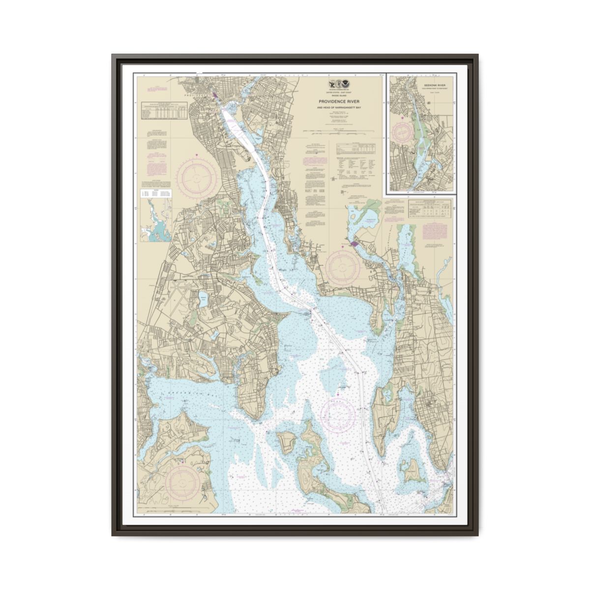 Chart 13224 Providence River and Head of Narragansett Bay - NOAA Nautical Chart Floating Frame Canvas | 24" x 32" | 30" x 40" - Espresso front