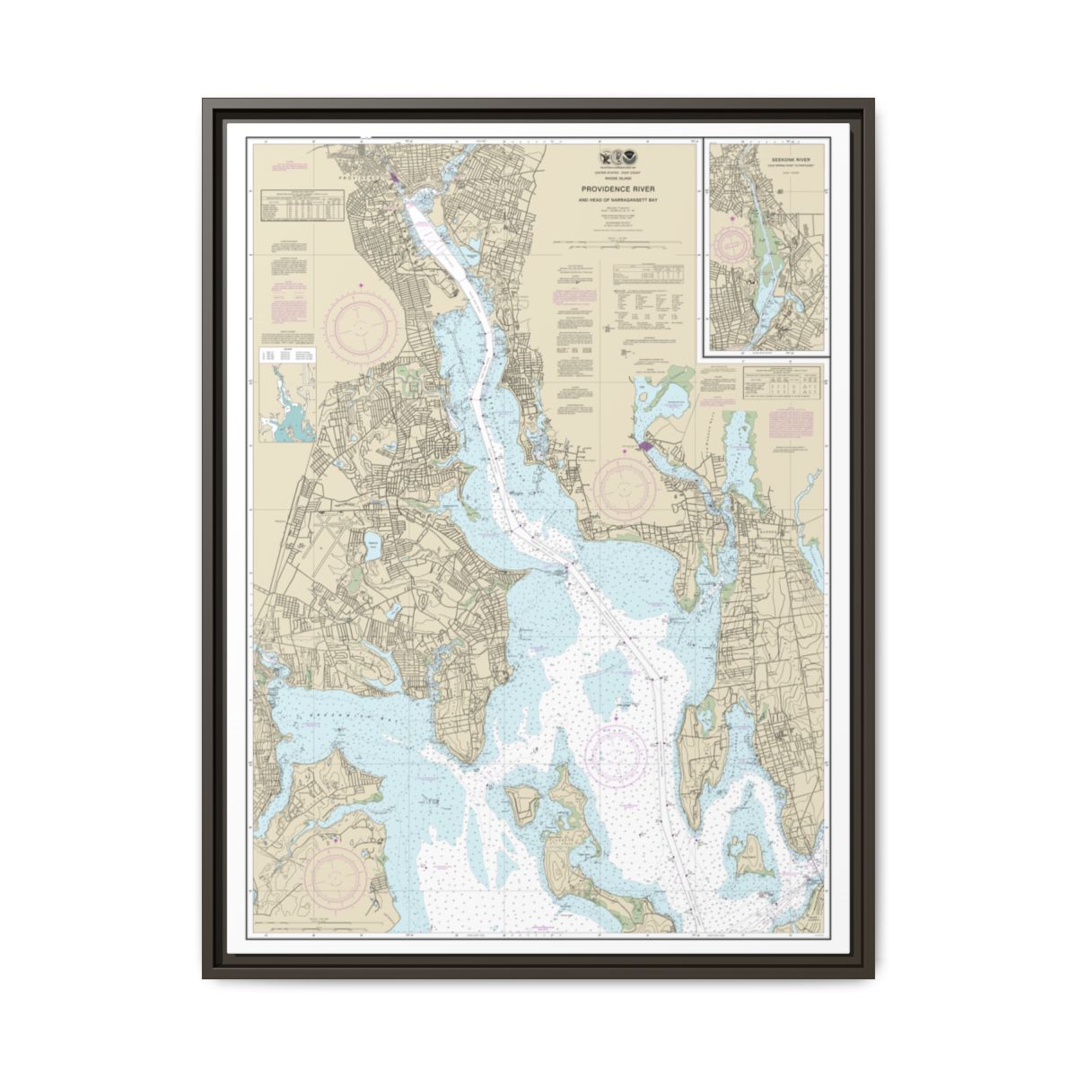 Chart 13224 Providence River and Head of Narragansett Bay - NOAA Nautical Chart Floating Frame Canvas | 24" x 32" | 30" x 40" - Espresso front