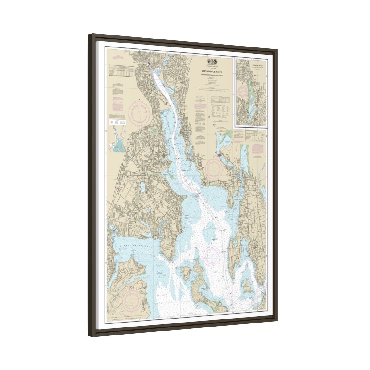 Chart 13224 Providence River and Head of Narragansett Bay - NOAA Nautical Chart Floating Frame Canvas | 24" x 32" | 30" x 40" - Espresso side