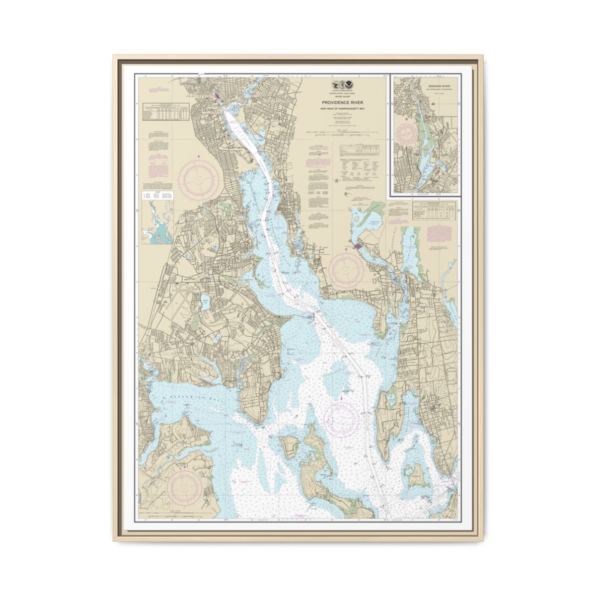 Chart 13224 Providence River and Head of Narragansett Bay - NOAA Nautical Chart Floating Frame Canvas | 24" x 32" | 30" x 40" - Natural front