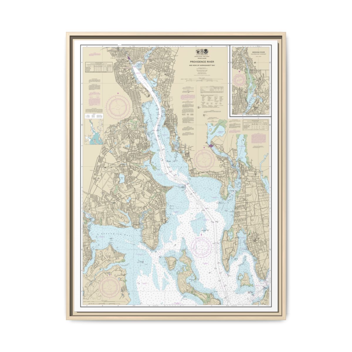 Chart 13224 Providence River and Head of Narragansett Bay - NOAA Nautical Chart Floating Frame Canvas | 24" x 32" | 30" x 40" - Natural front