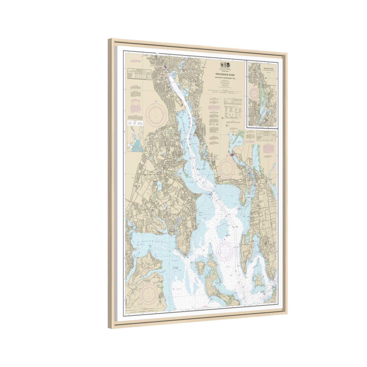 Chart 13224 Providence River and Head of Narragansett Bay - NOAA Nautical Chart Floating Frame Canvas | 24" x 32" | 30" x 40" - Natural side