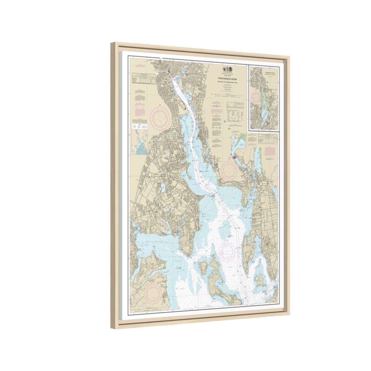 Chart 13224 Providence River and Head of Narragansett Bay - NOAA Nautical Chart Floating Frame Canvas | 24" x 32" | 30" x 40" - Natural side