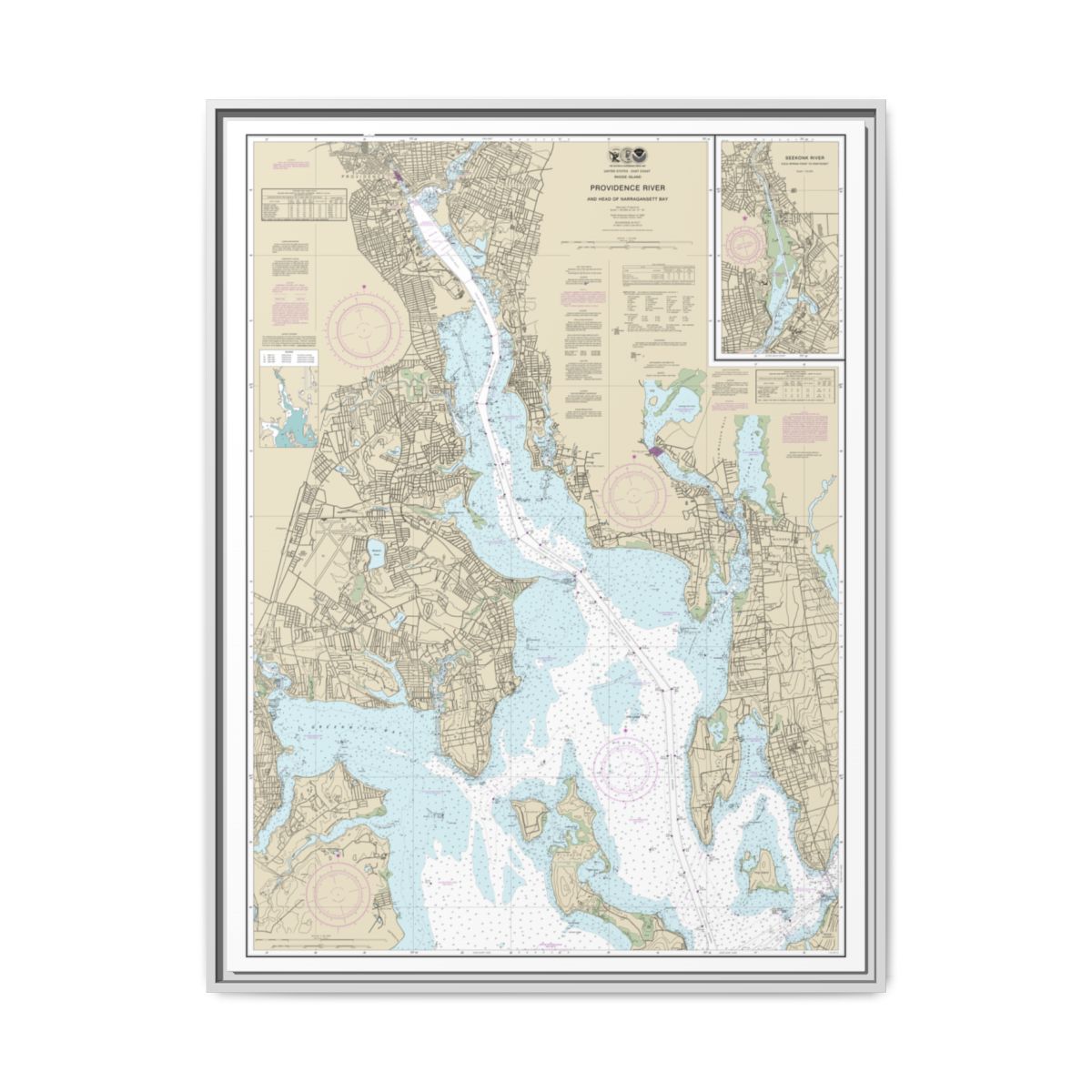 Chart 13224 Providence River and Head of Narragansett Bay - NOAA Nautical Chart Floating Frame Canvas | 24" x 32" | 30" x 40" - White front