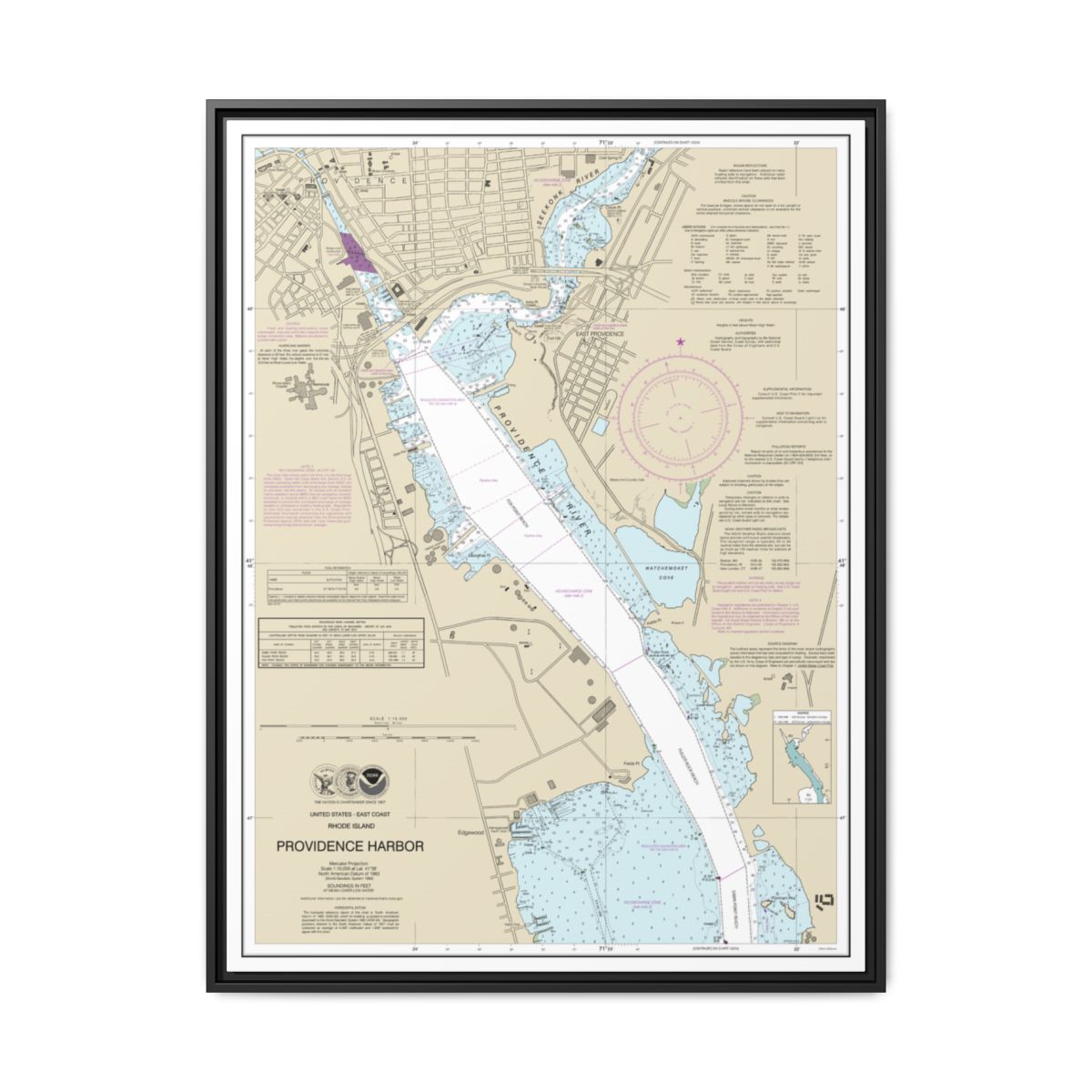 Chart 13225 Providence Harbor - NOAA Nautical Chart Floating Frame Canvas | 24" x 32" | 30" x 40" - Black front