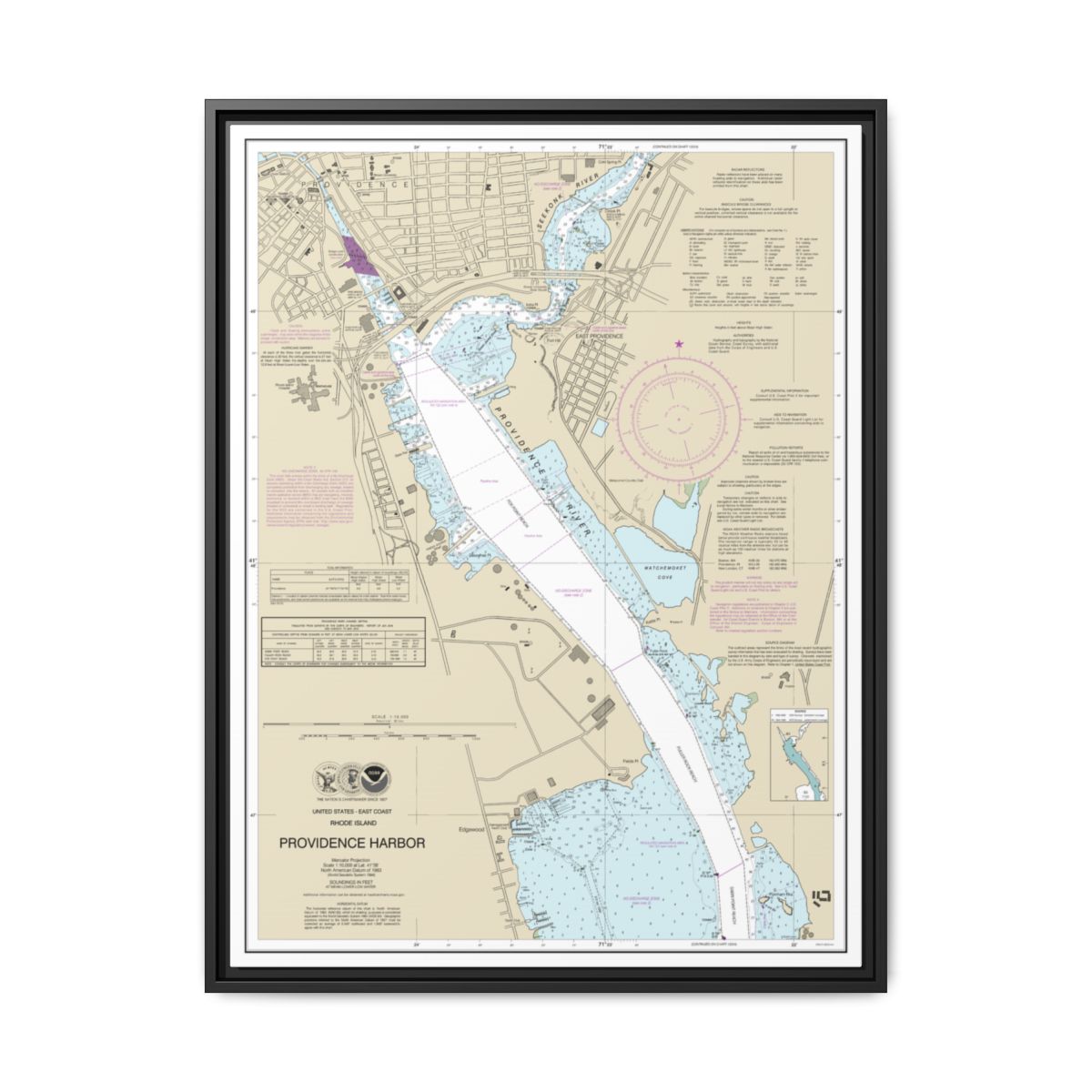 Chart 13225 Providence Harbor - NOAA Nautical Chart Floating Frame Canvas | 24" x 32" | 30" x 40" - Black front