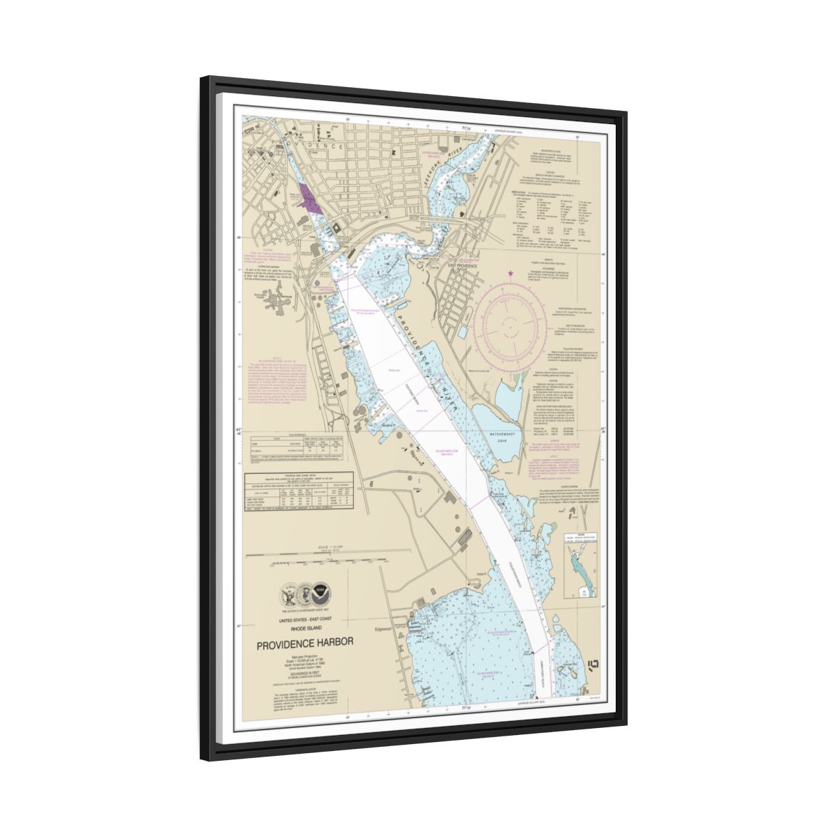 Chart 13225 Providence Harbor - NOAA Nautical Chart Floating Frame Canvas | 24" x 32" | 30" x 40" - Black side