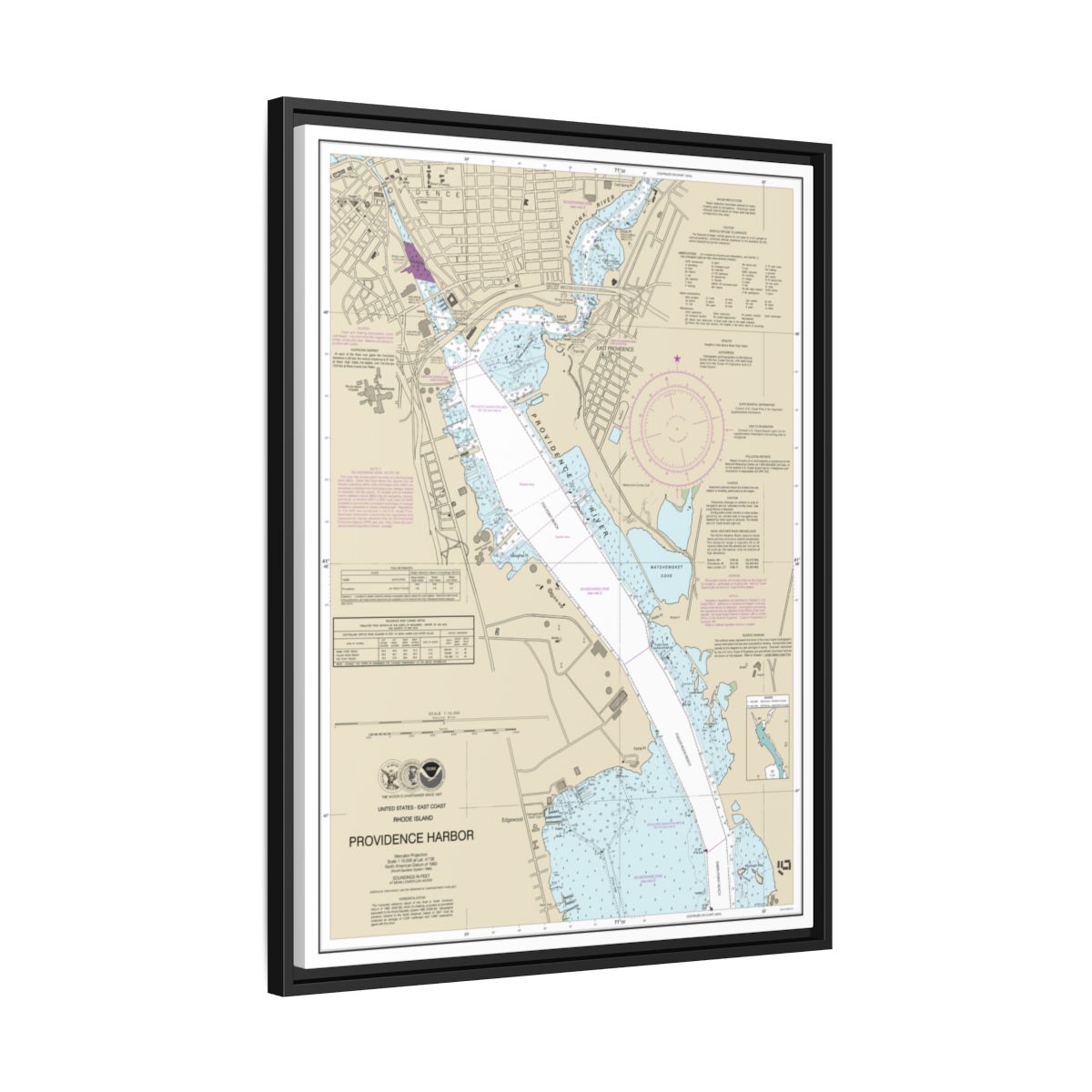 Chart 13225 Providence Harbor - NOAA Nautical Chart Floating Frame Canvas | 24" x 32" | 30" x 40" - Black side