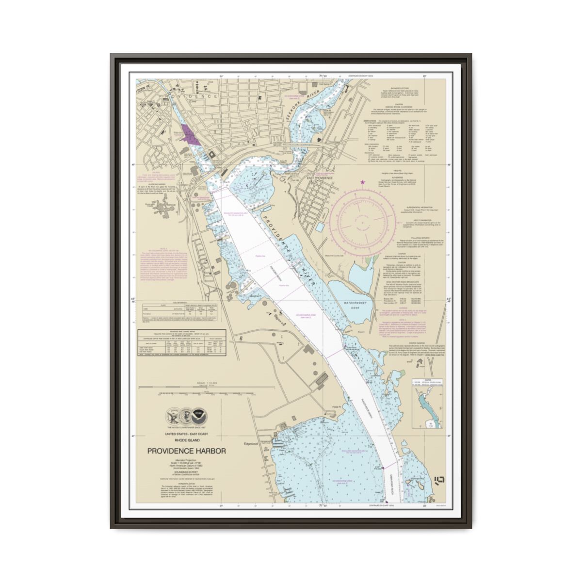 Chart 13225 Providence Harbor - NOAA Nautical Chart Floating Frame Canvas | 24" x 32" | 30" x 40" - Espresso front