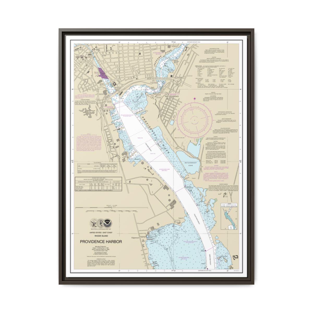 Chart 13225 Providence Harbor - NOAA Nautical Chart Floating Frame Canvas | 24" x 32" | 30" x 40" - Espresso front