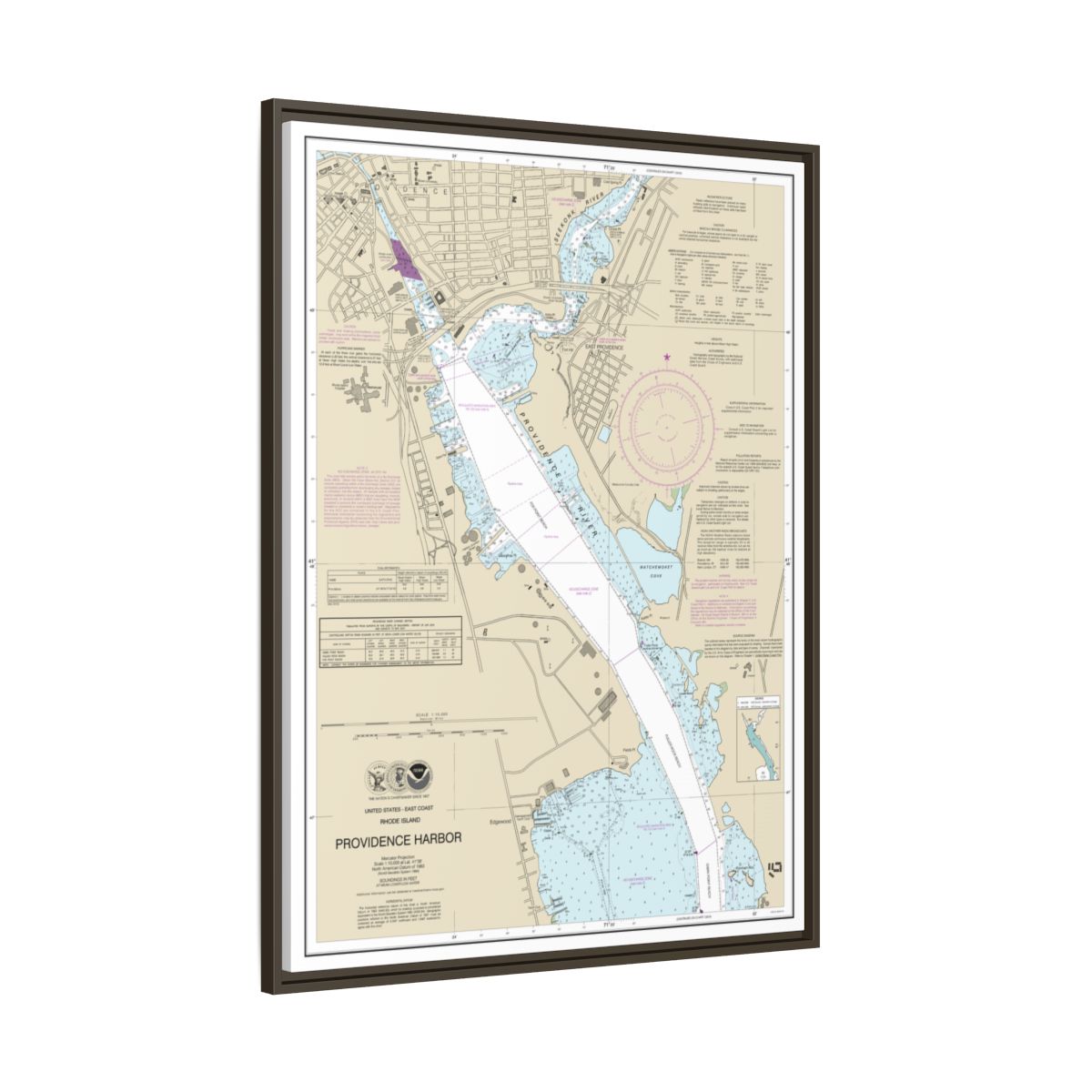 Chart 13225 Providence Harbor - NOAA Nautical Chart Floating Frame Canvas | 24" x 32" | 30" x 40" - Espresso side