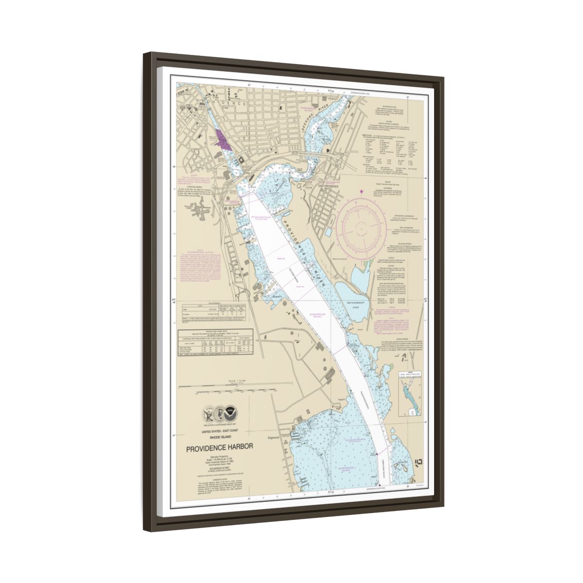 Chart 13225 Providence Harbor - NOAA Nautical Chart Floating Frame Canvas | 24" x 32" | 30" x 40" - Espresso side