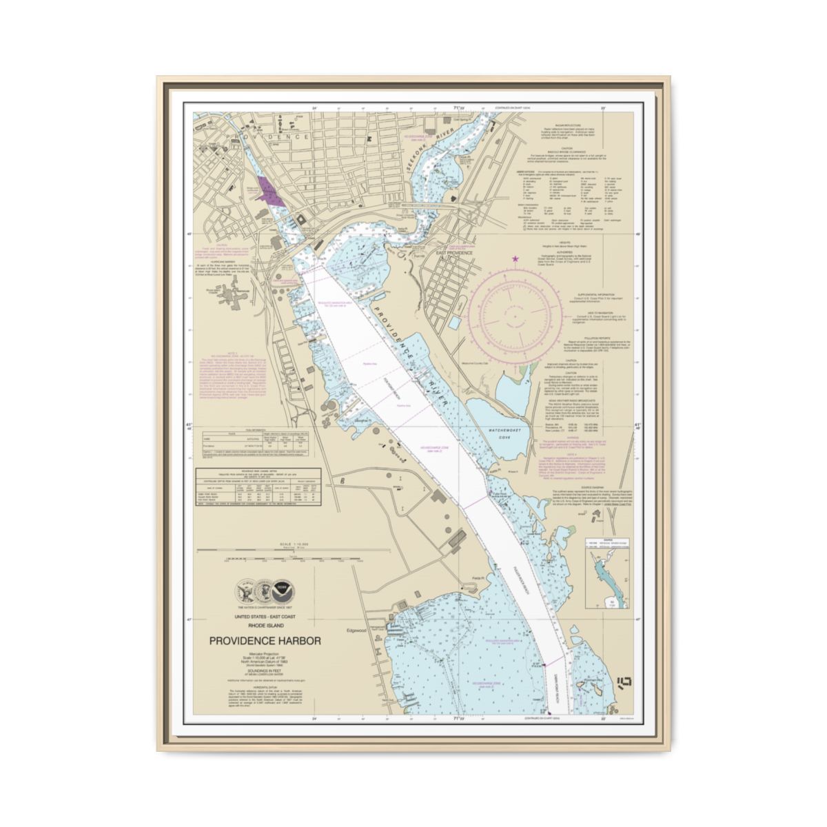 Chart 13225 Providence Harbor - NOAA Nautical Chart Floating Frame Canvas | 24" x 32" | 30" x 40" - Natural front