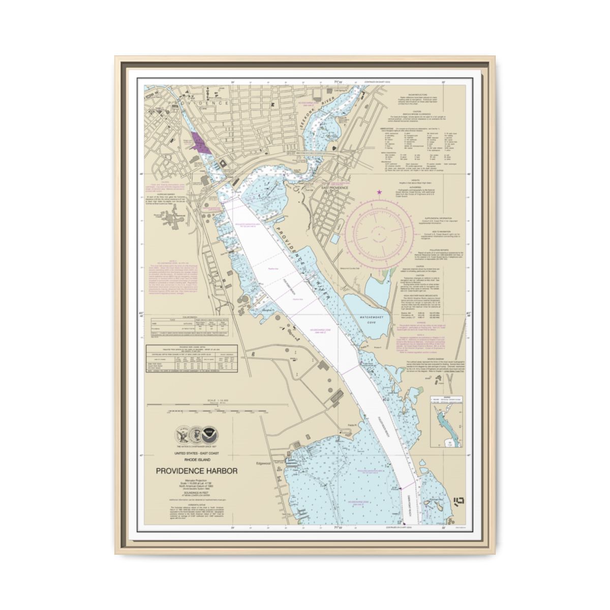 Chart 13225 Providence Harbor - NOAA Nautical Chart Floating Frame Canvas | 24" x 32" | 30" x 40" - Natural front
