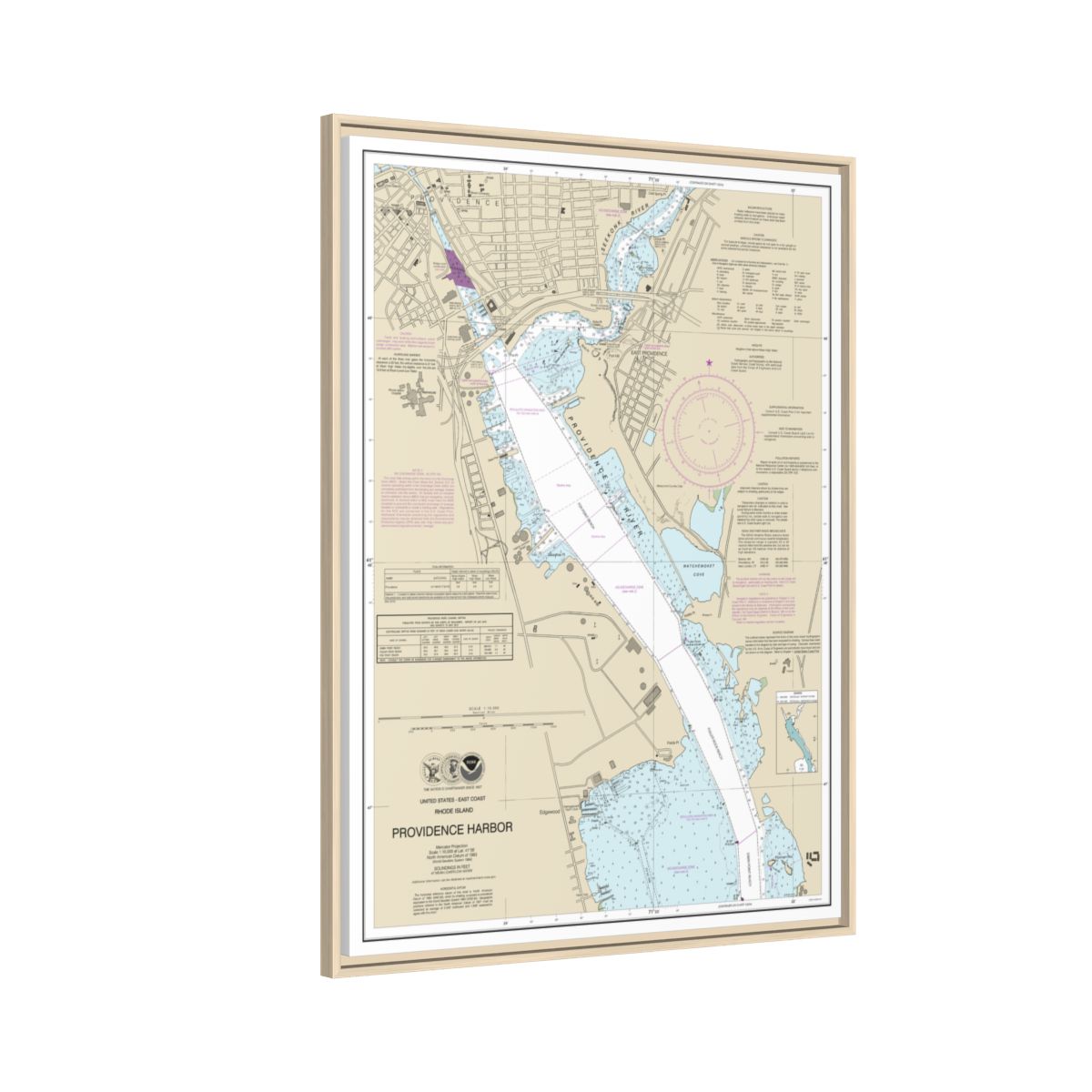 Chart 13225 Providence Harbor - NOAA Nautical Chart Floating Frame Canvas | 24" x 32" | 30" x 40" - Natural side
