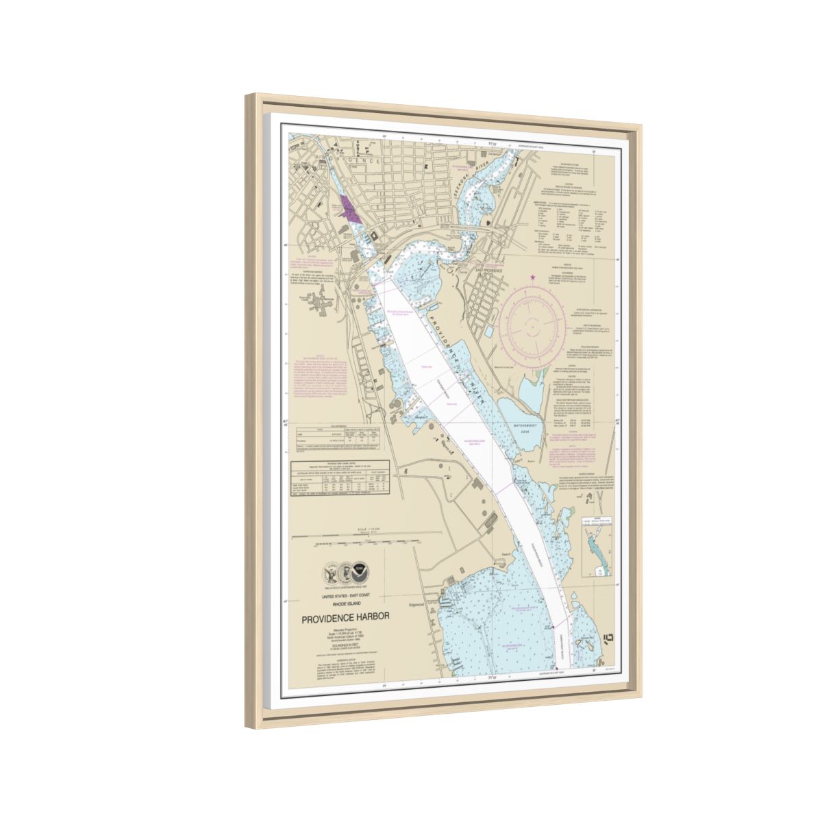 Chart 13225 Providence Harbor - NOAA Nautical Chart Floating Frame Canvas | 24" x 32" | 30" x 40" - Natural side
