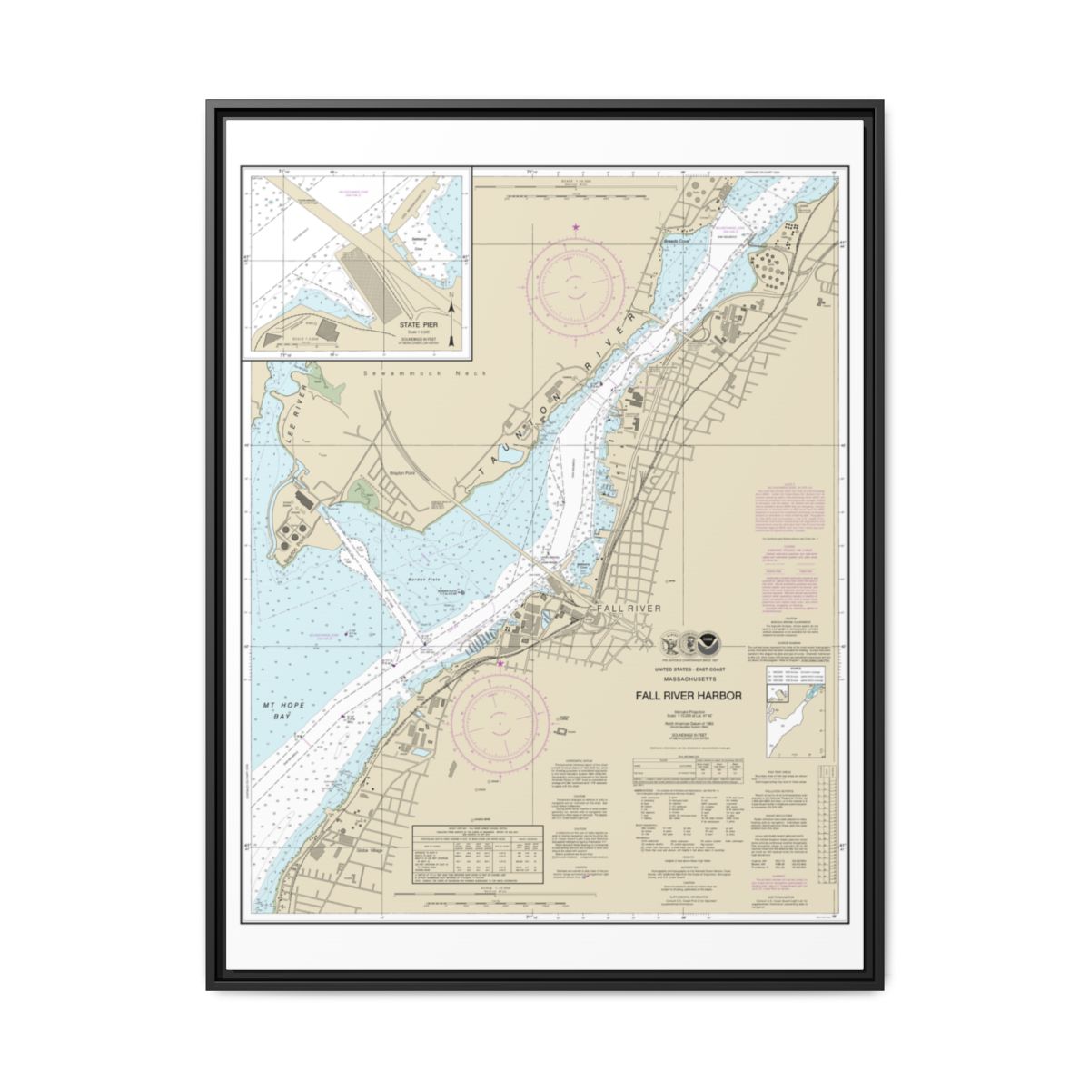 Chart 13227 Fall River Harbor;State Pier - NOAA Nautical Chart Floating Frame Canvas | 24" x 32" | 30" x 40" - Black front