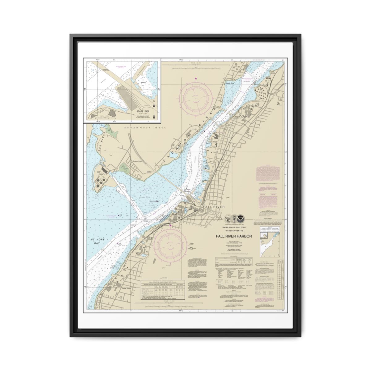 Chart 13227 Fall River Harbor;State Pier - NOAA Nautical Chart Floating Frame Canvas | 24" x 32" | 30" x 40" - Black front